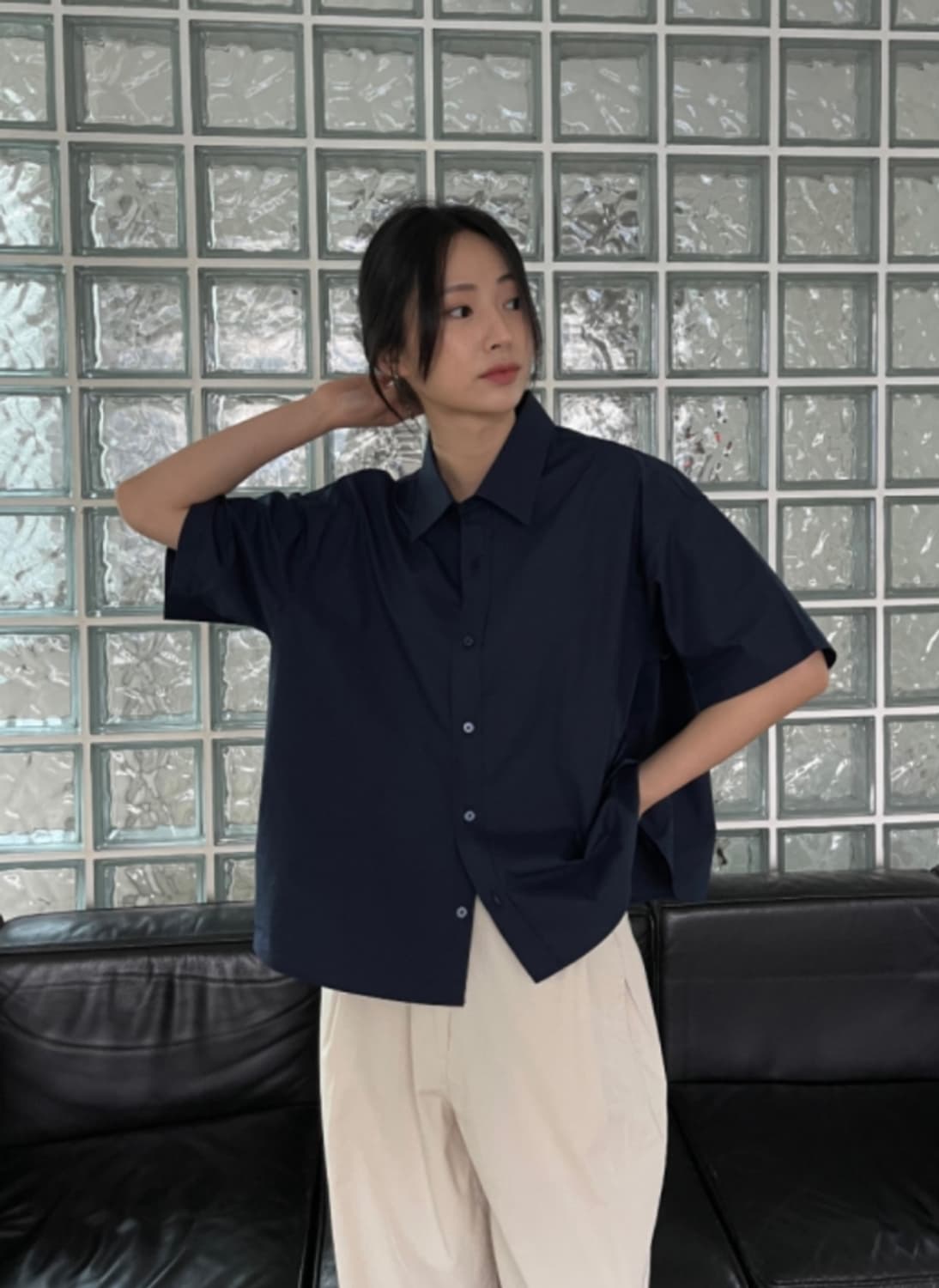 LEAND 르앤드 박시 면셔츠 네이비 상품이미지1
