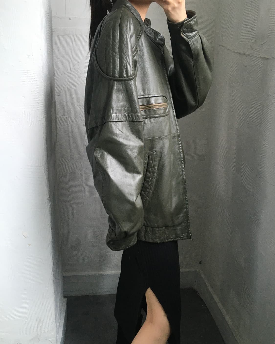 JERSON 90‘s 카키 레더 자켓 상품이미지1