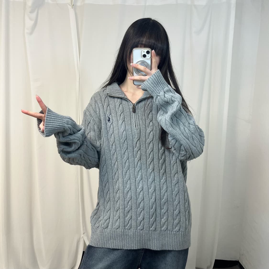 Polo grey cable half-zip knit 상품이미지2