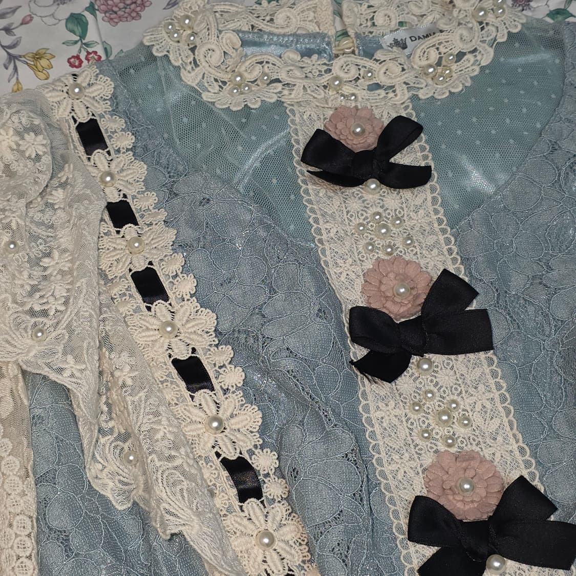 빈티지)민트히메갸루 로리타 플로럴진주레이스 고딕 로맨틱 엑팜깔 블라우스 상품이미지2