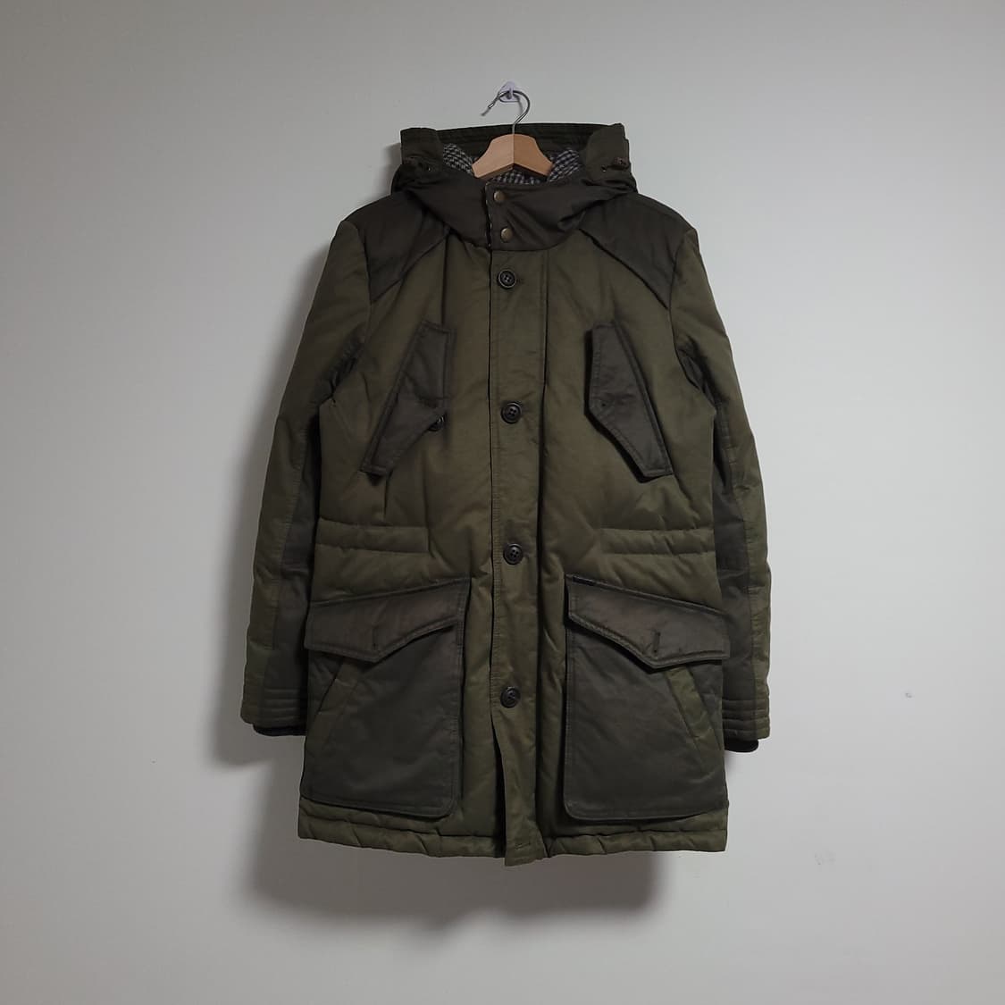 (M) GUESS 게스 카키색 후드 야상형 롱 코트 패딩 상품이미지1