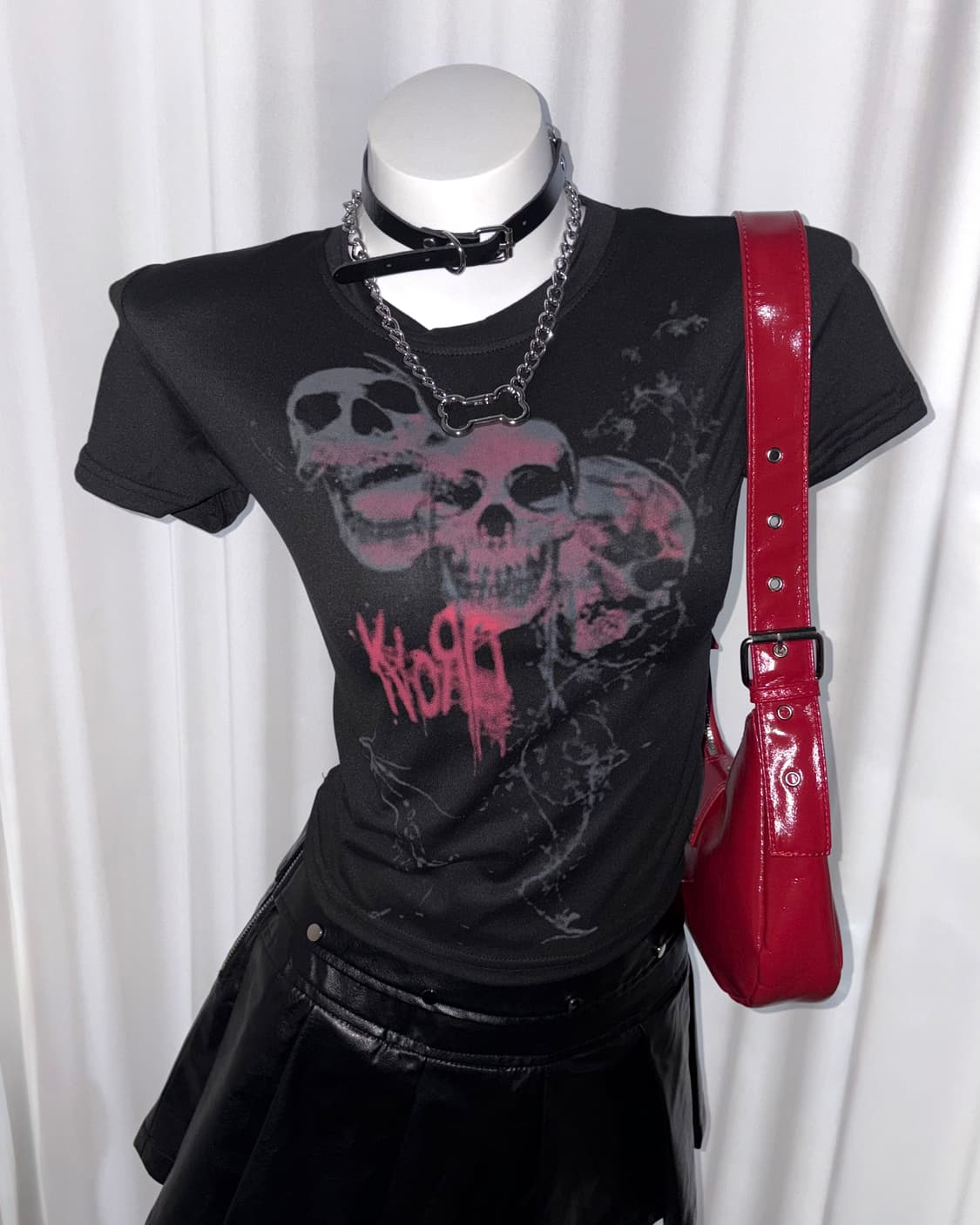 [red skull T]갸루 고딕 펑크 빈티지 레드 해골 크롭 슬림핏 티 상품이미지1