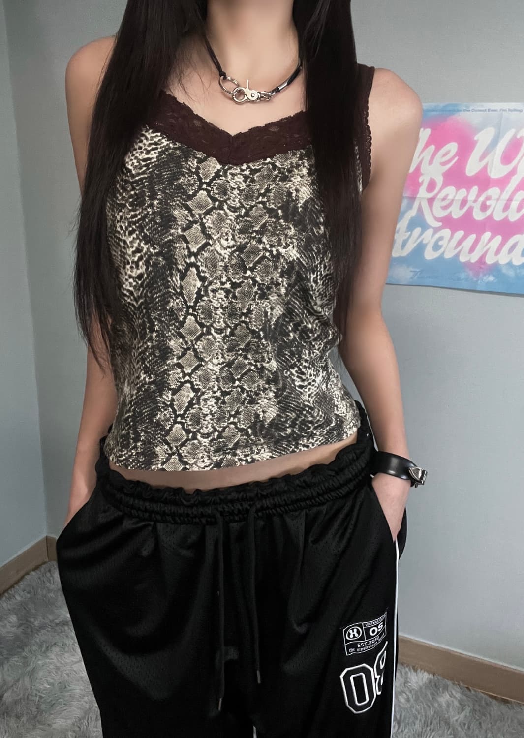 y2k 갸루 브라운 펑크 뱀피 파이톤 레이스 슬리브리스 상품이미지3