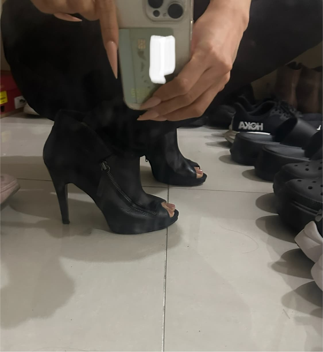 나인웨스트 오픈토 가죽 부츠힐 블랙 상품이미지1