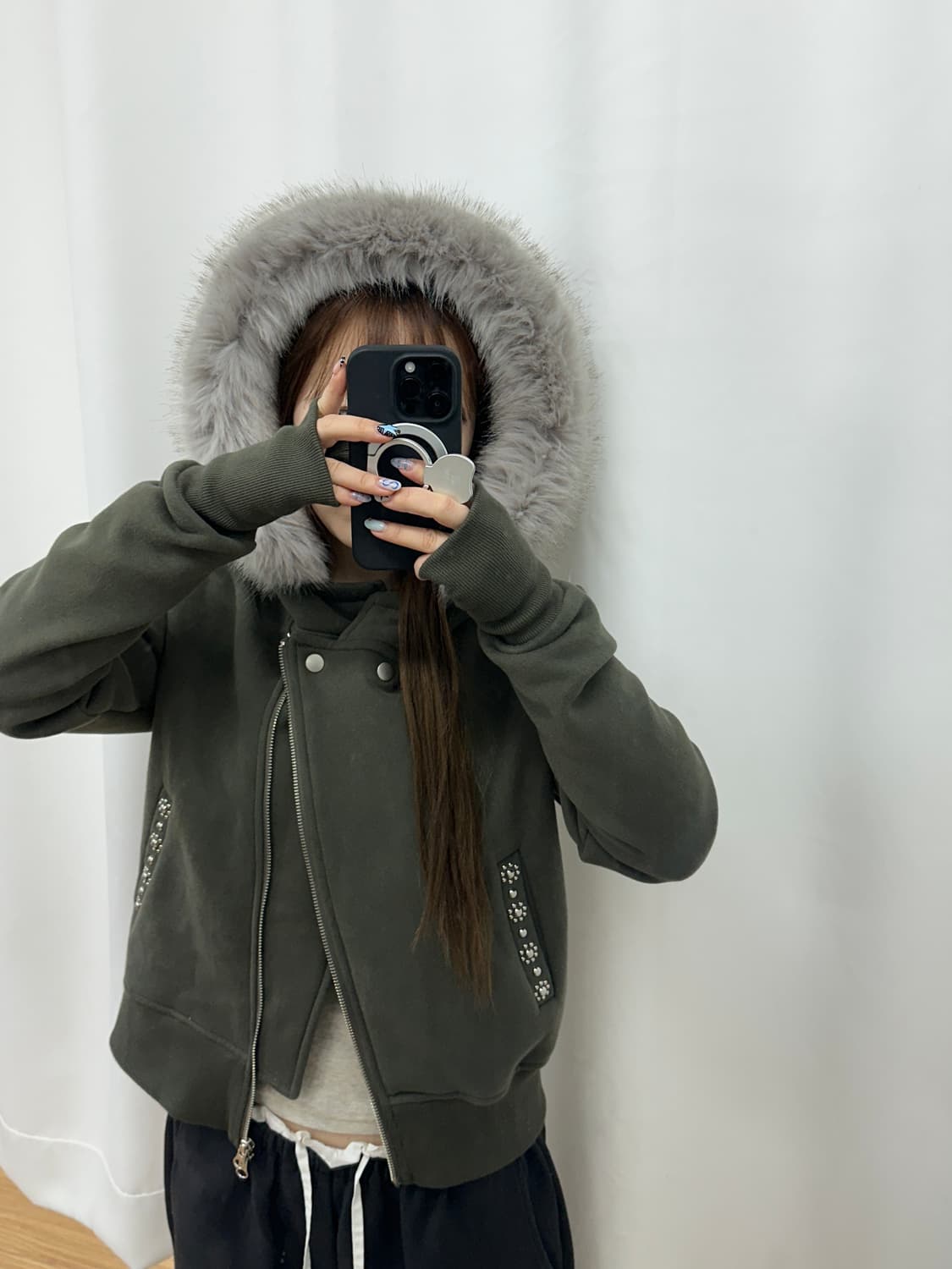 스터드 퍼 후드집업 (카키) 상품이미지3