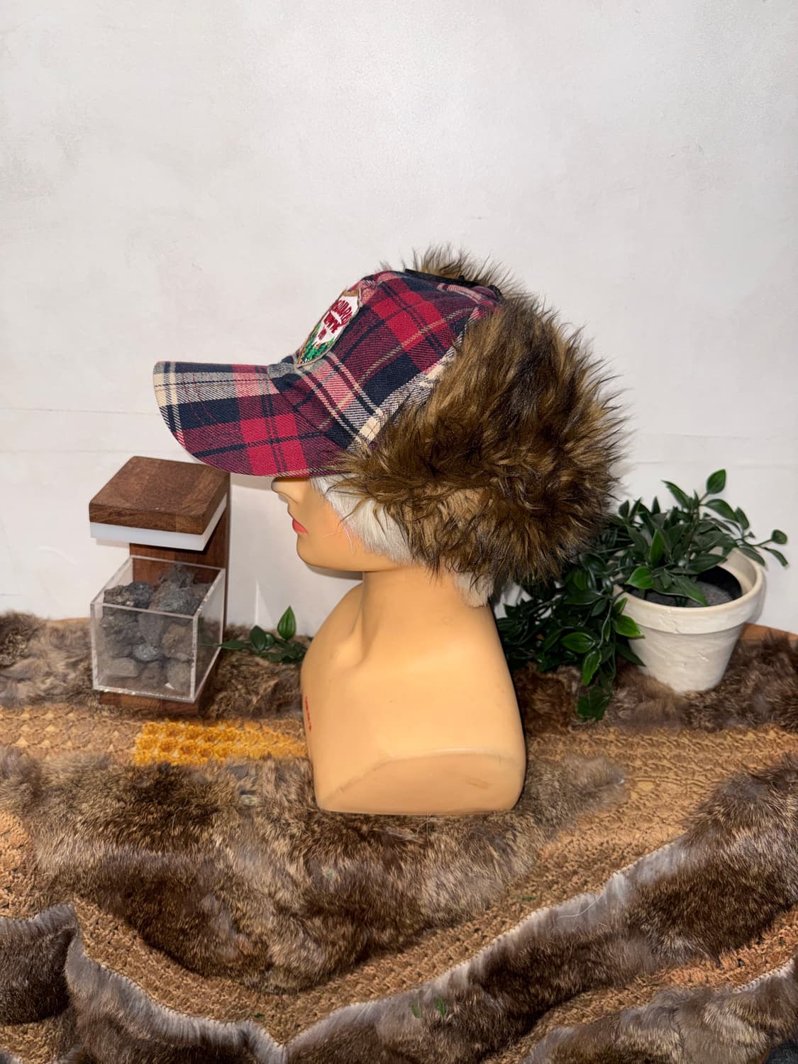 Red navy check fur trapper hat 상품이미지2