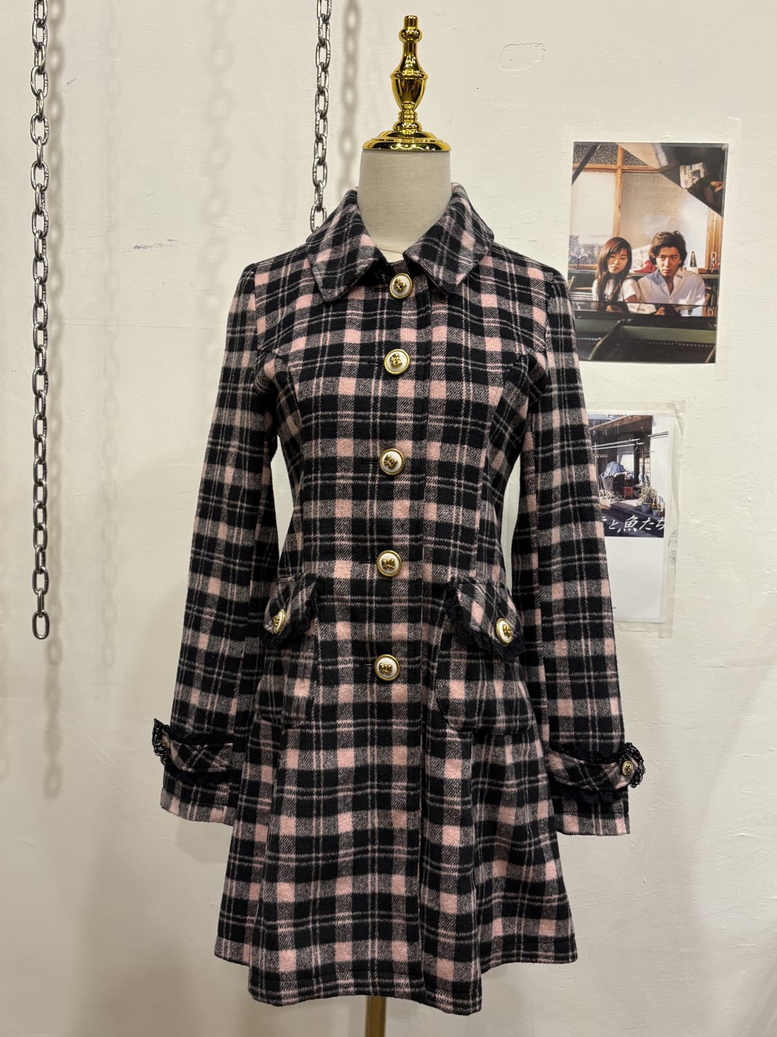 tralala 트랄랄라 리본 버튼 핑크 체크 코트 갸루 러블리 상품이미지5