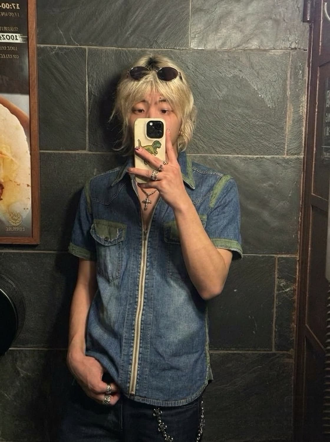 AVIREX 카키색 나일론패치 중청 데님 반팔 셔츠 집업 자켓 상품이미지1