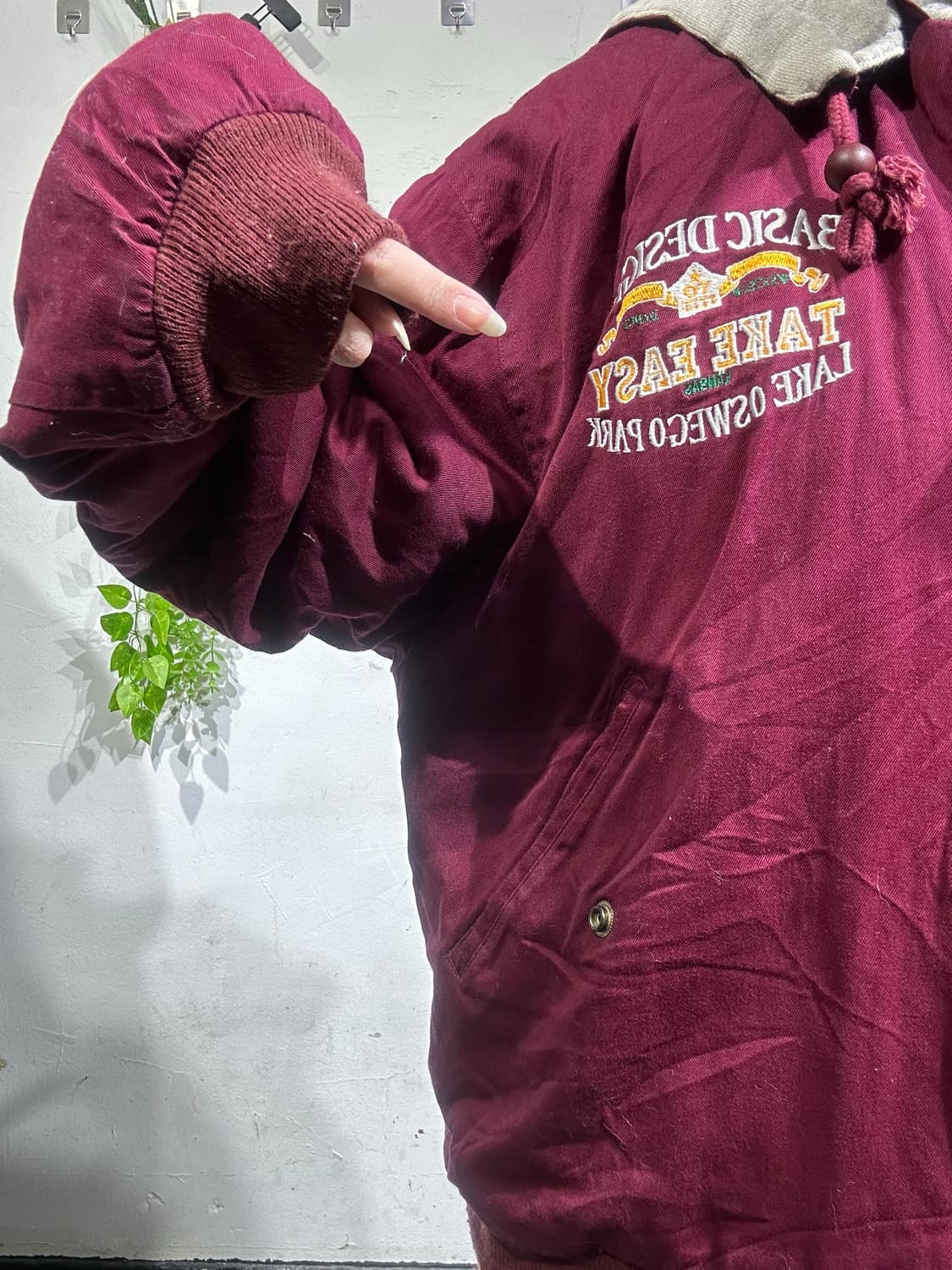 일본 빈티지 버건디 베이지 리버시블 양면 후드 점퍼 자수 자켓 잠바  상품이미지4