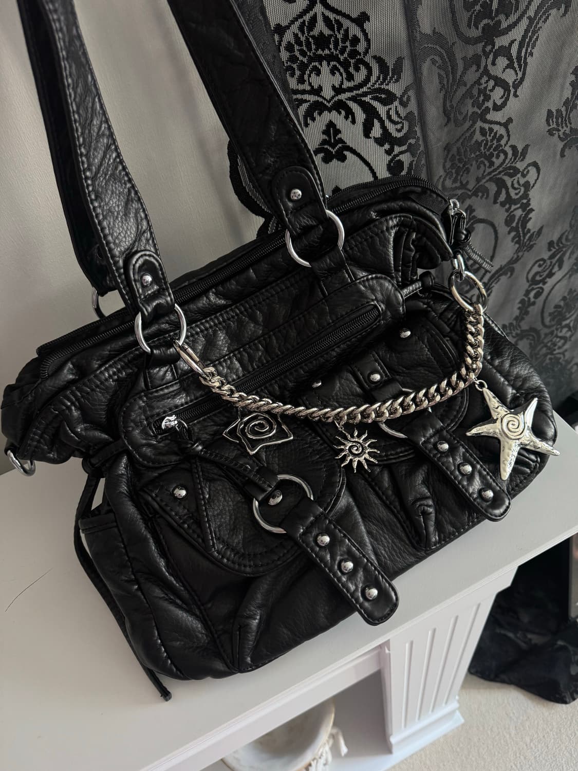 투포켓 스터드 빈티지무드 레더 숄더 크로스백 상품이미지5