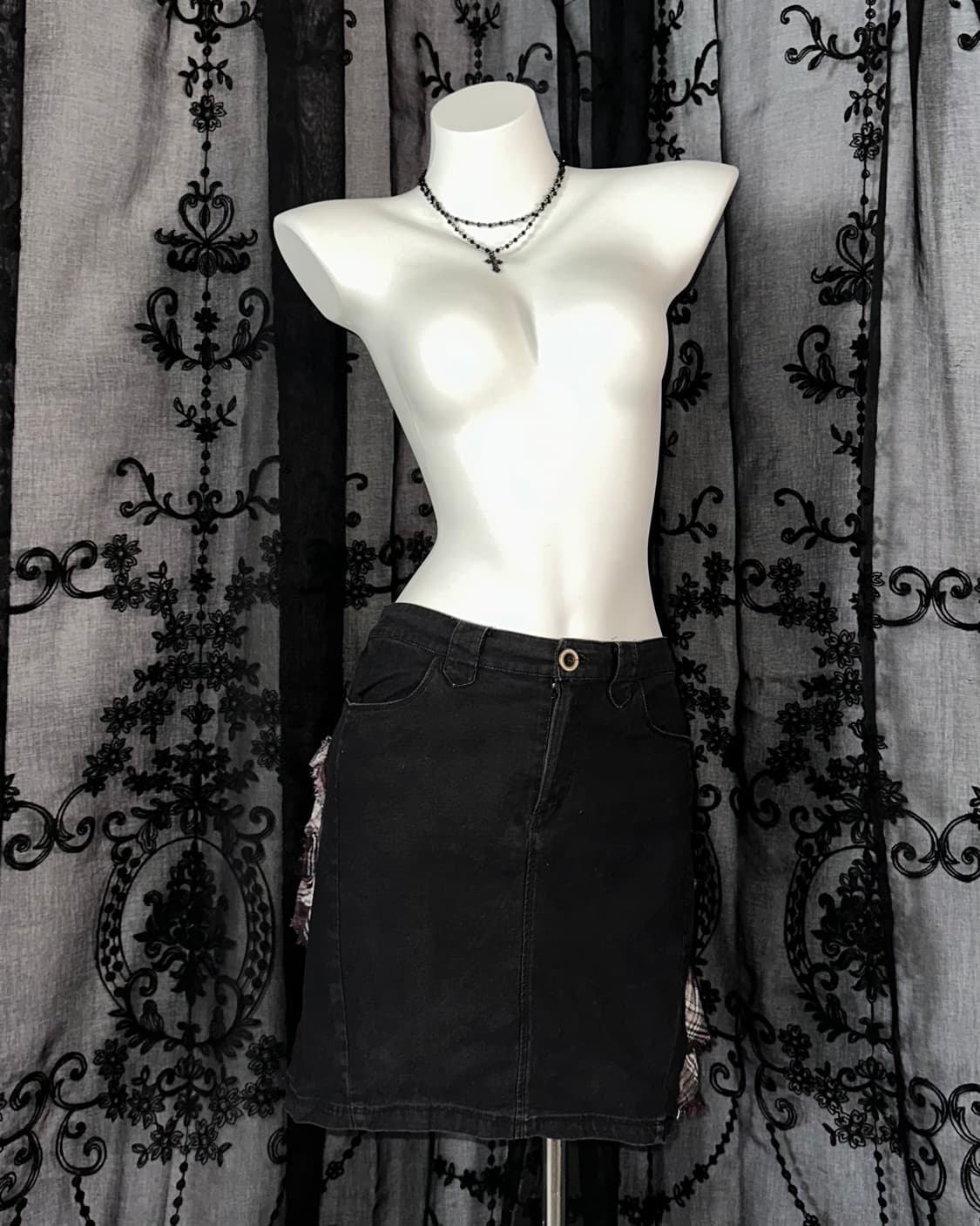 Hybrid Denim Checkered Tiered Skirt 상품이미지3