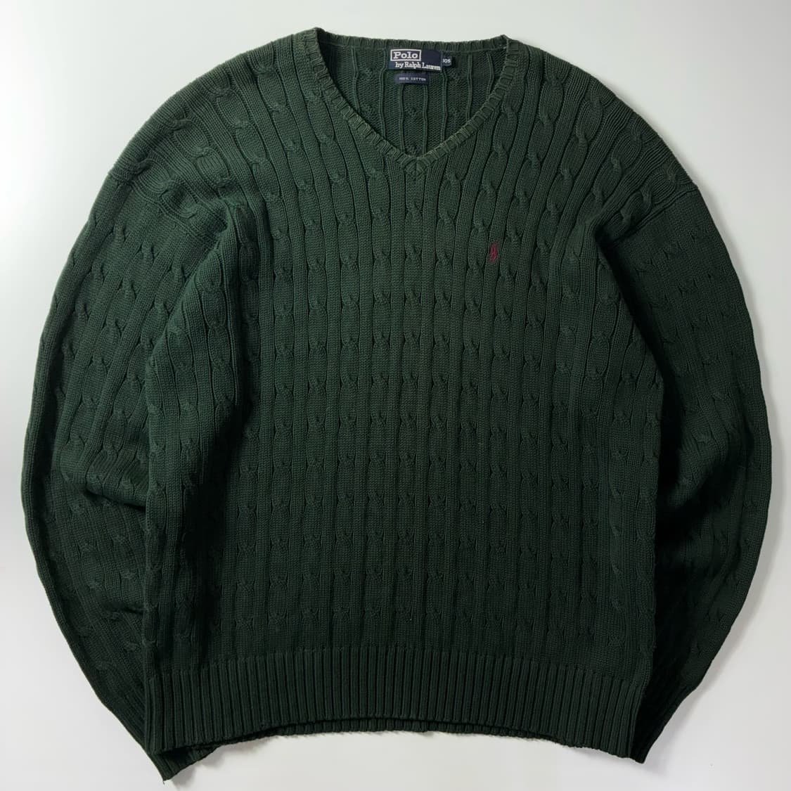 Polo  폴로 랄프로렌 자수 코튼 브이넥 그린 꽈배기 니트  상품이미지1