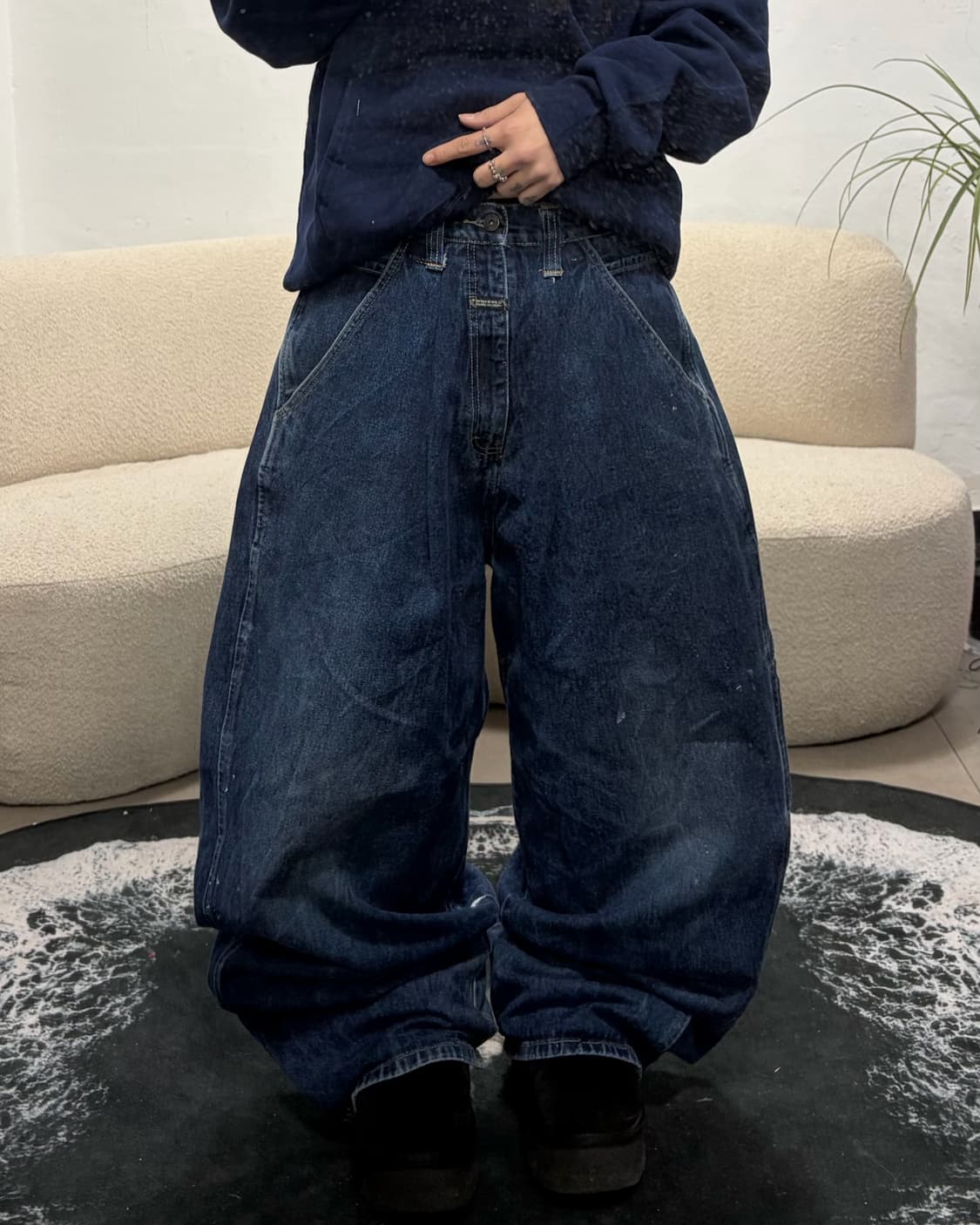 90s 올드스쿨 진청 데님 카팬터 와이드팬츠 상품이미지2