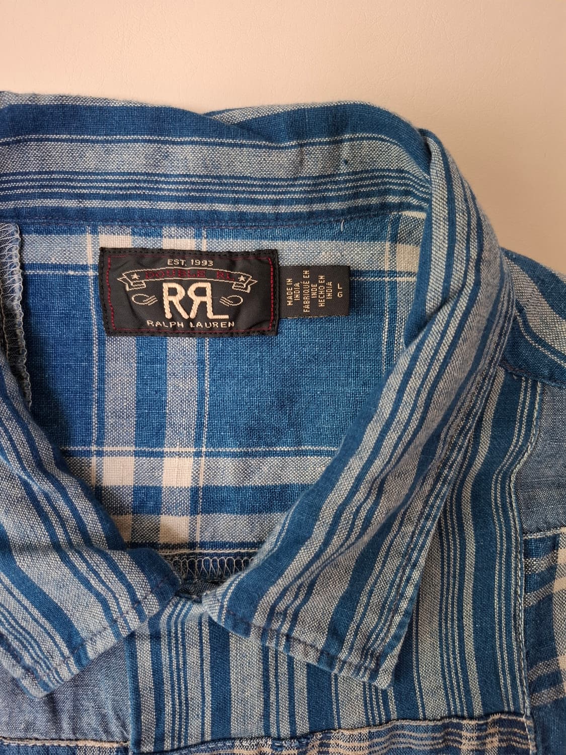 L 사이즈 RRL 인디고 블루 패치워크 반팔 셔츠입니다. 독특한 패치워크 상품이미지4