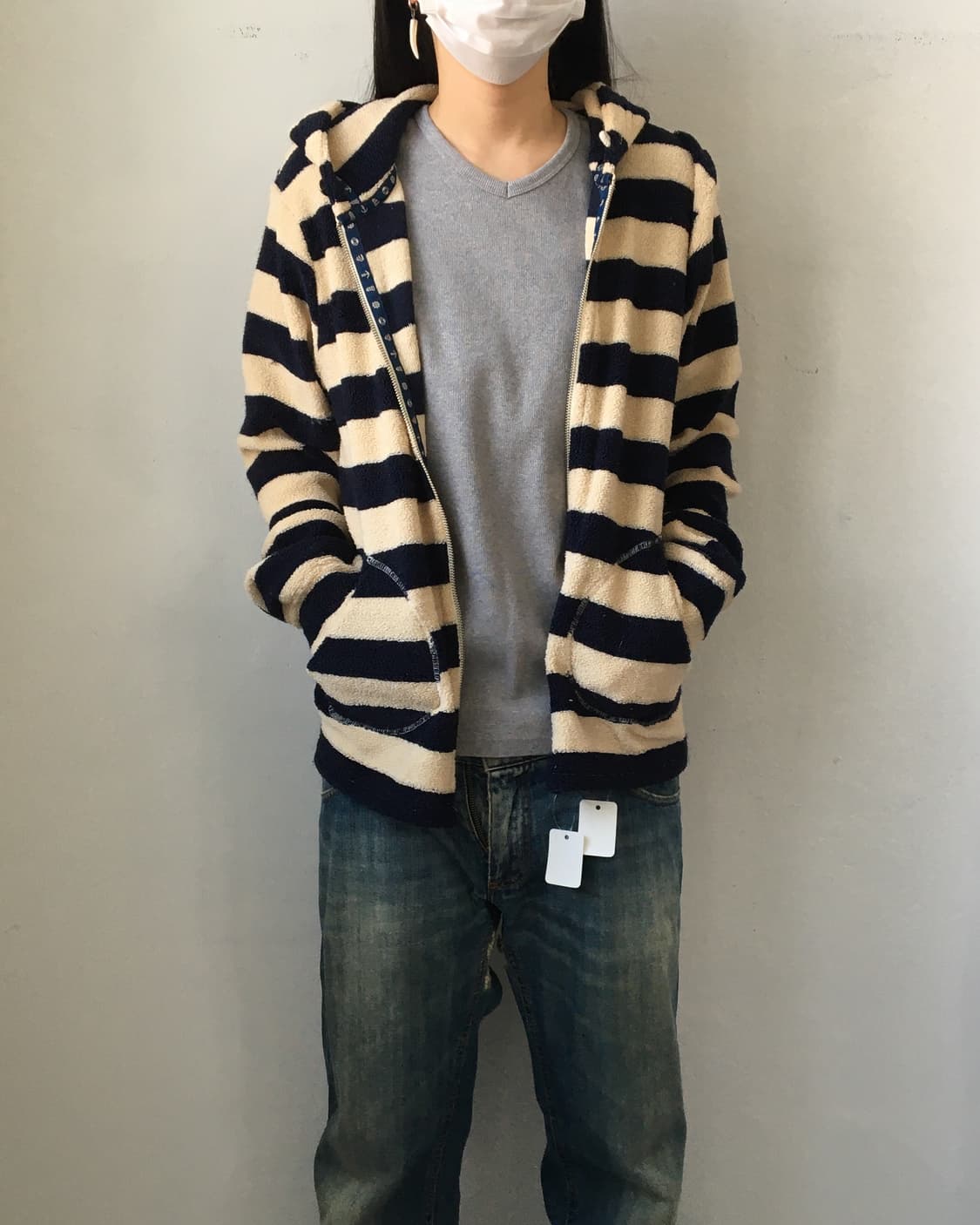 Stripe pattern fleece hood zip up 상품이미지3