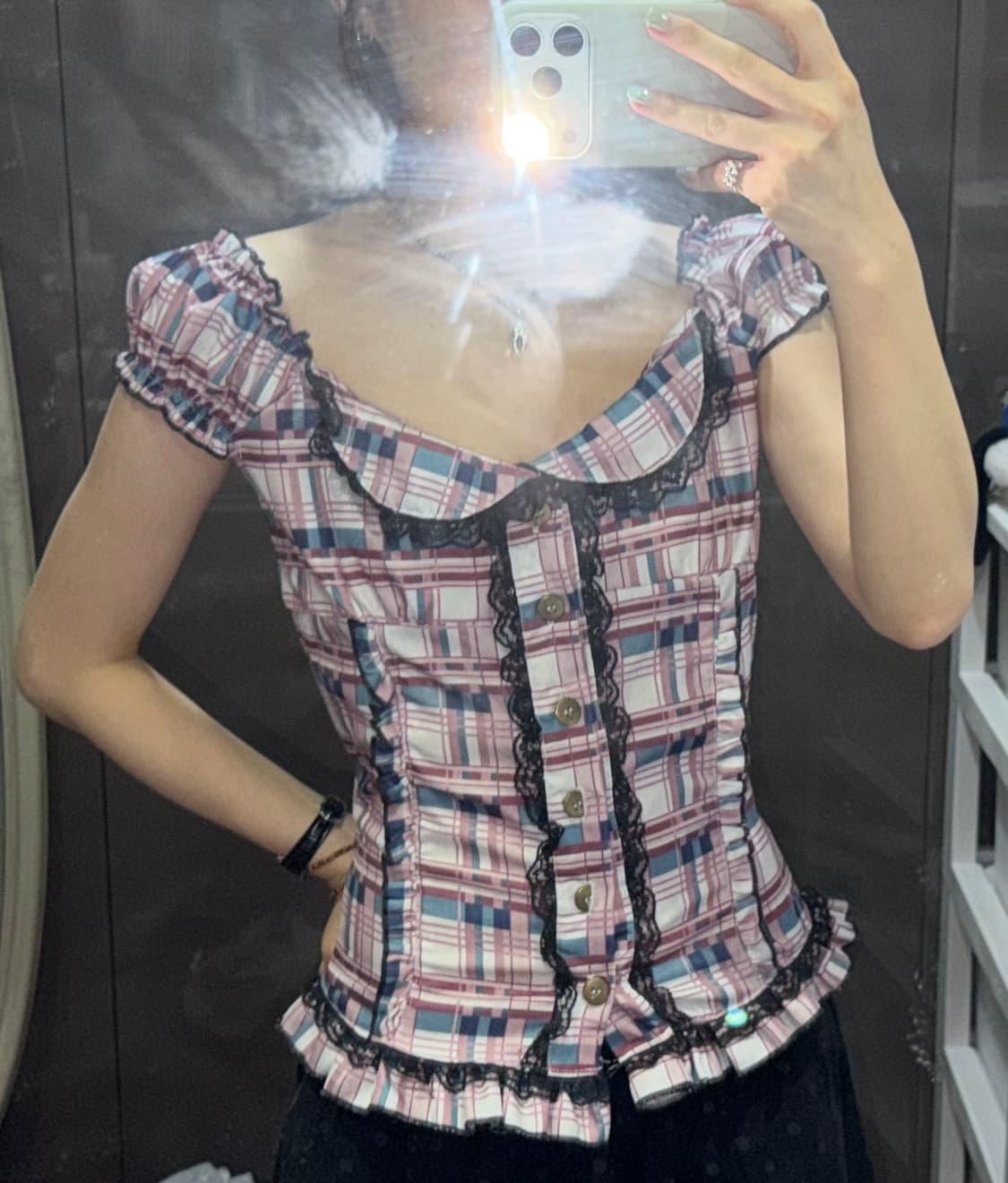 핑크 체크 블랙 레이스 갸루 블라우스 / 오프숄더 상품이미지3