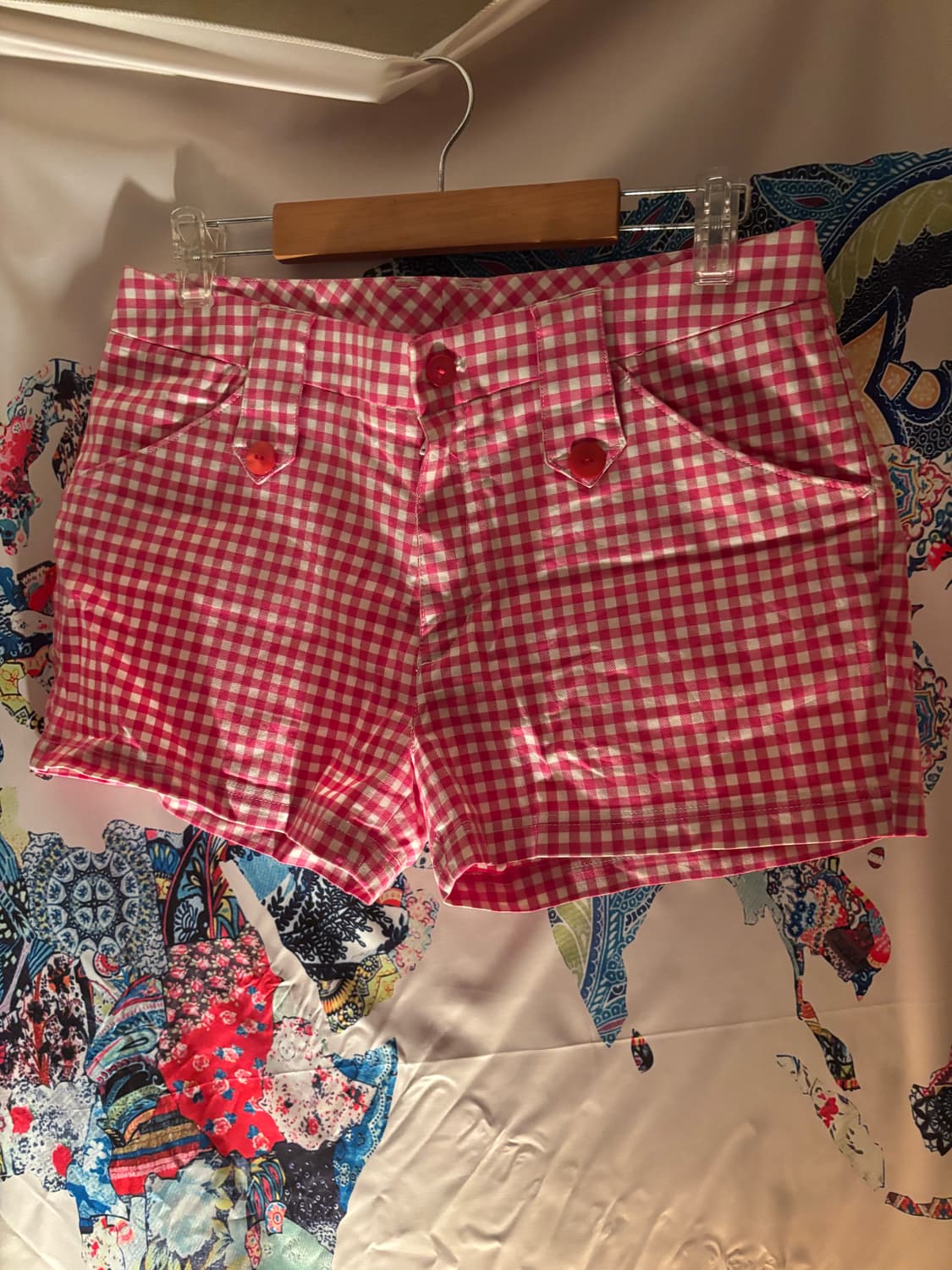 아디다스 핑크 체크 단추 숏팬츠 반바지 핀터무드 상품이미지1