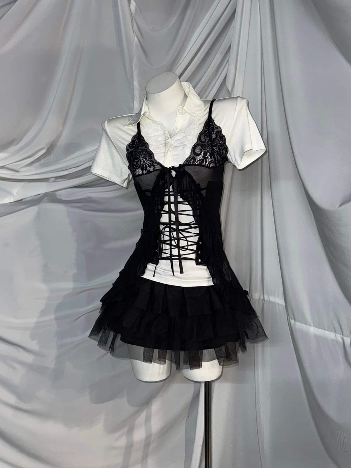 무채색 세라깔 코르셋 화이트 프릴 시스루 코디세트  상품이미지6