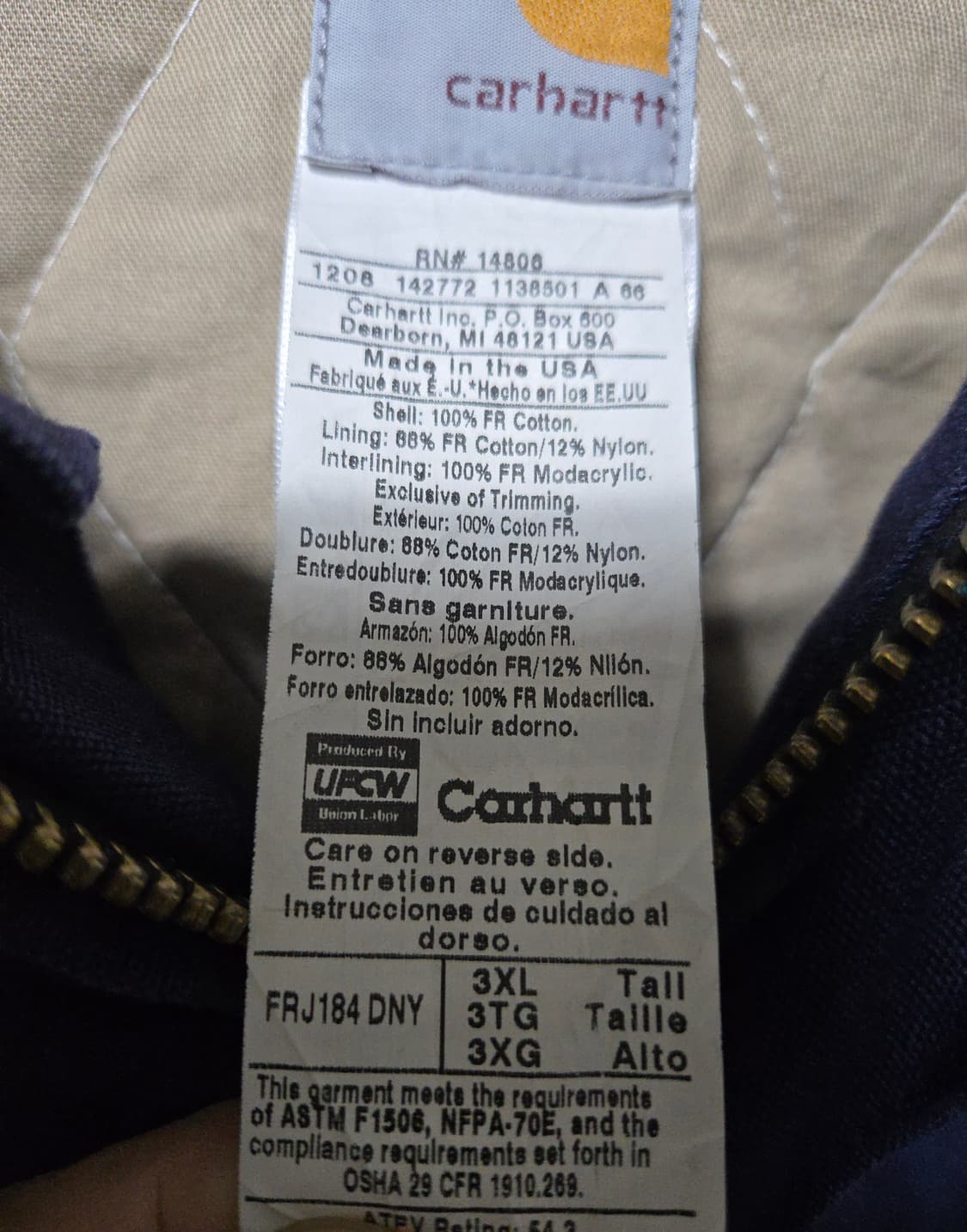 빅사이즈) 칼하트 USA fr 방염 & 안감 퀼팅 후드 자켓 3XL 상품이미지7