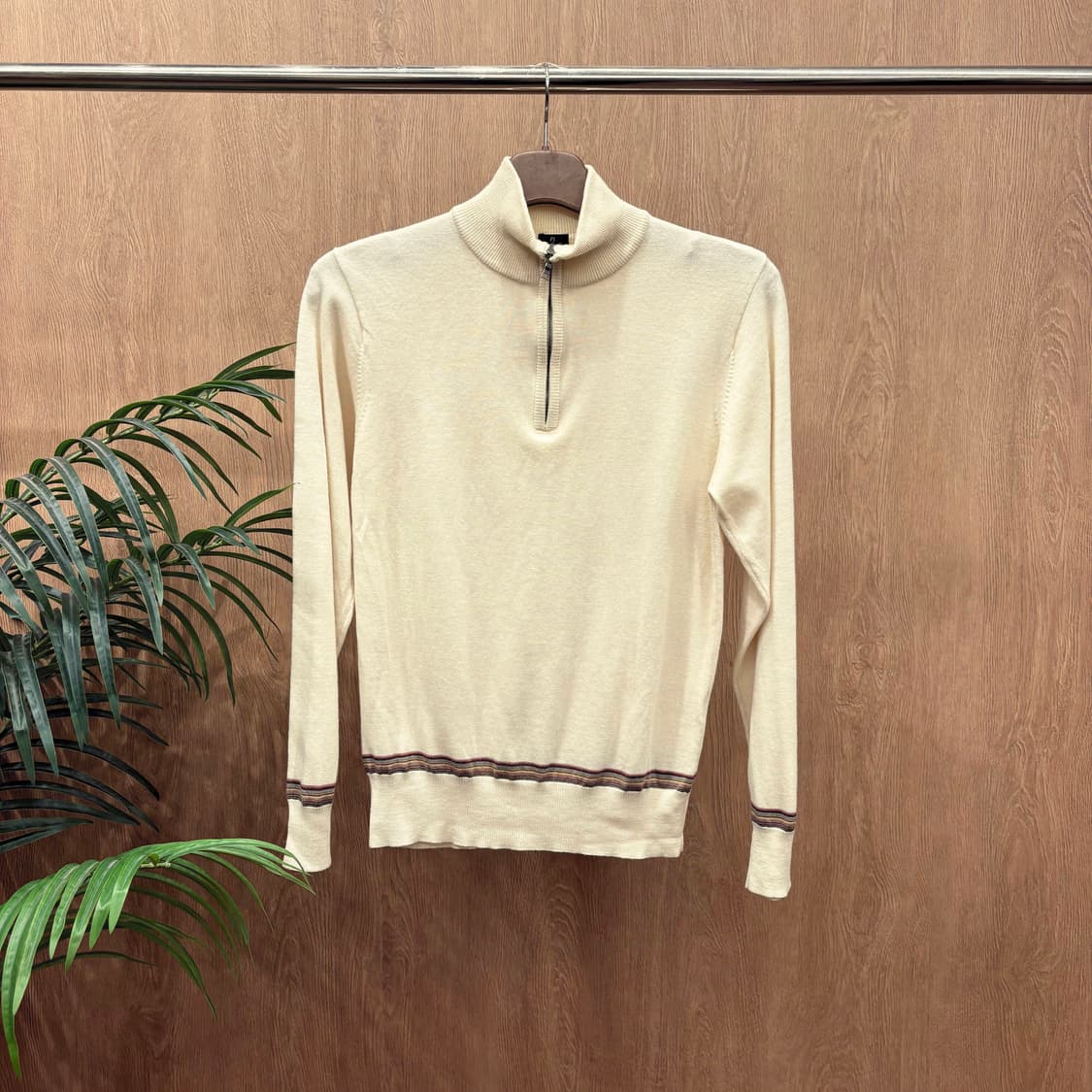 폴스미스 하이넥 긴팔 울 니트 하프 집업 라인 배색 디테일 아이보리 상품이미지1