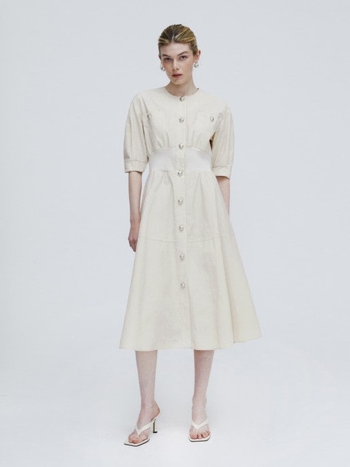 [기은세원피스] 마리끌레르 리브블록 벌룬 원피스 베이지 상품이미지1