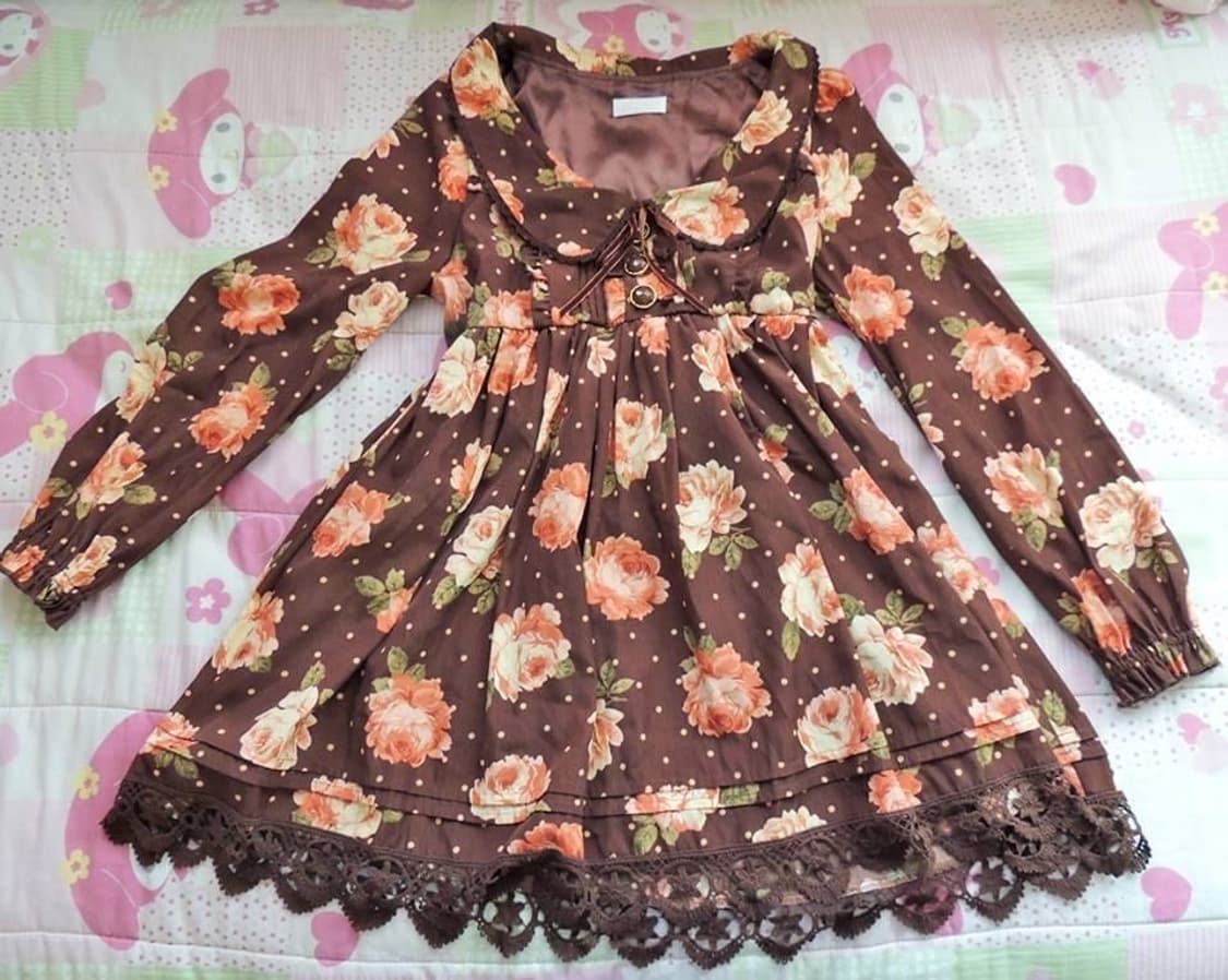 리즈리사 플로럴 장미 도트 땡땡이 브라운 원피스 라떼 히메 갸루 러블리 상품이미지3