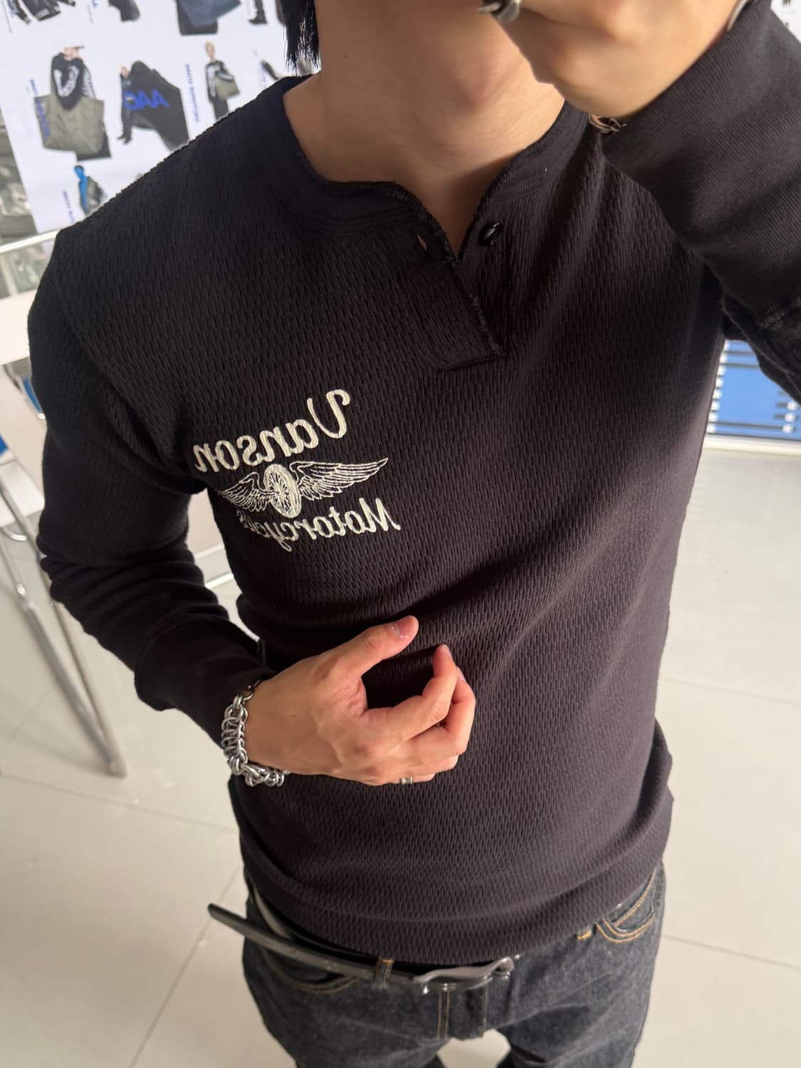 Henley neck thermal long T-shirt 상품이미지1