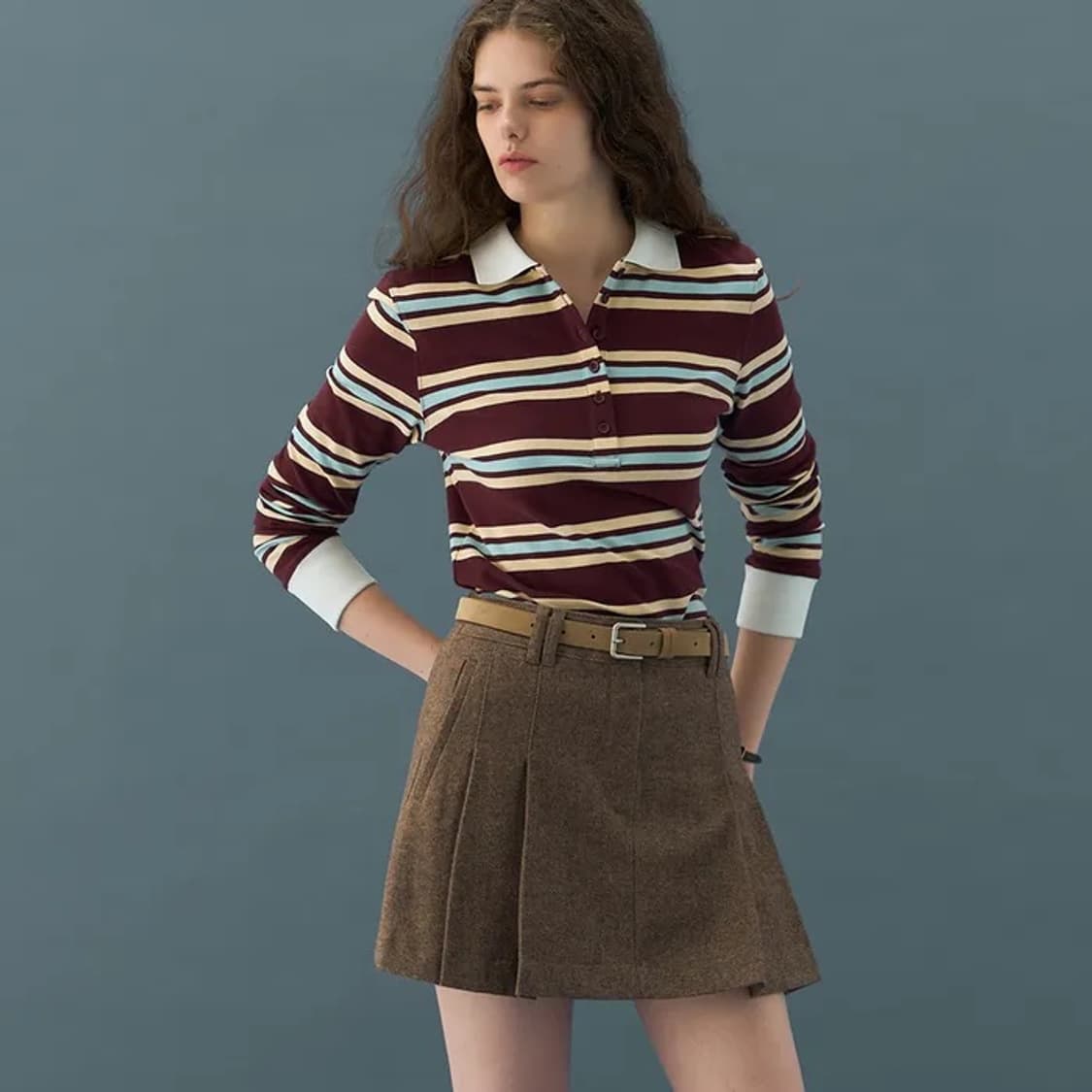 드로우핏 우먼 멀티 스트라이프 슬림 카라 피케 티셔츠 (버건디) 상품이미지2