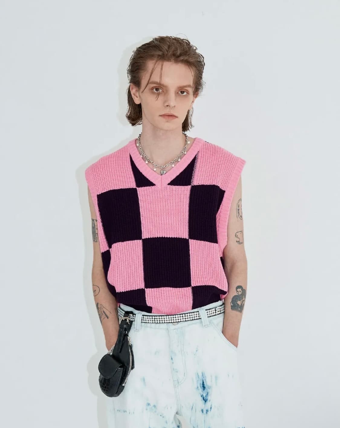 BADFACTORY 배드팩토리 체커보드 핑크 니트 조끼 L 상품이미지5