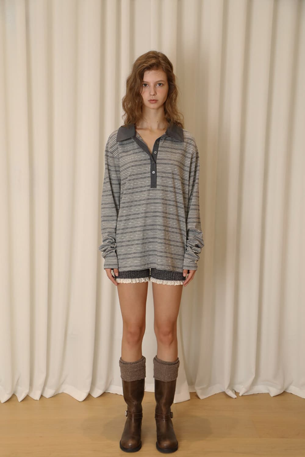 소프트서울 STRIPE POLO COLLAR SHIRT_GREY 상품이미지2