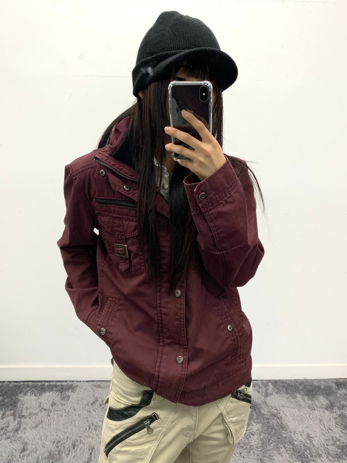 버건디 디테일 바이커 자켓  상품이미지1