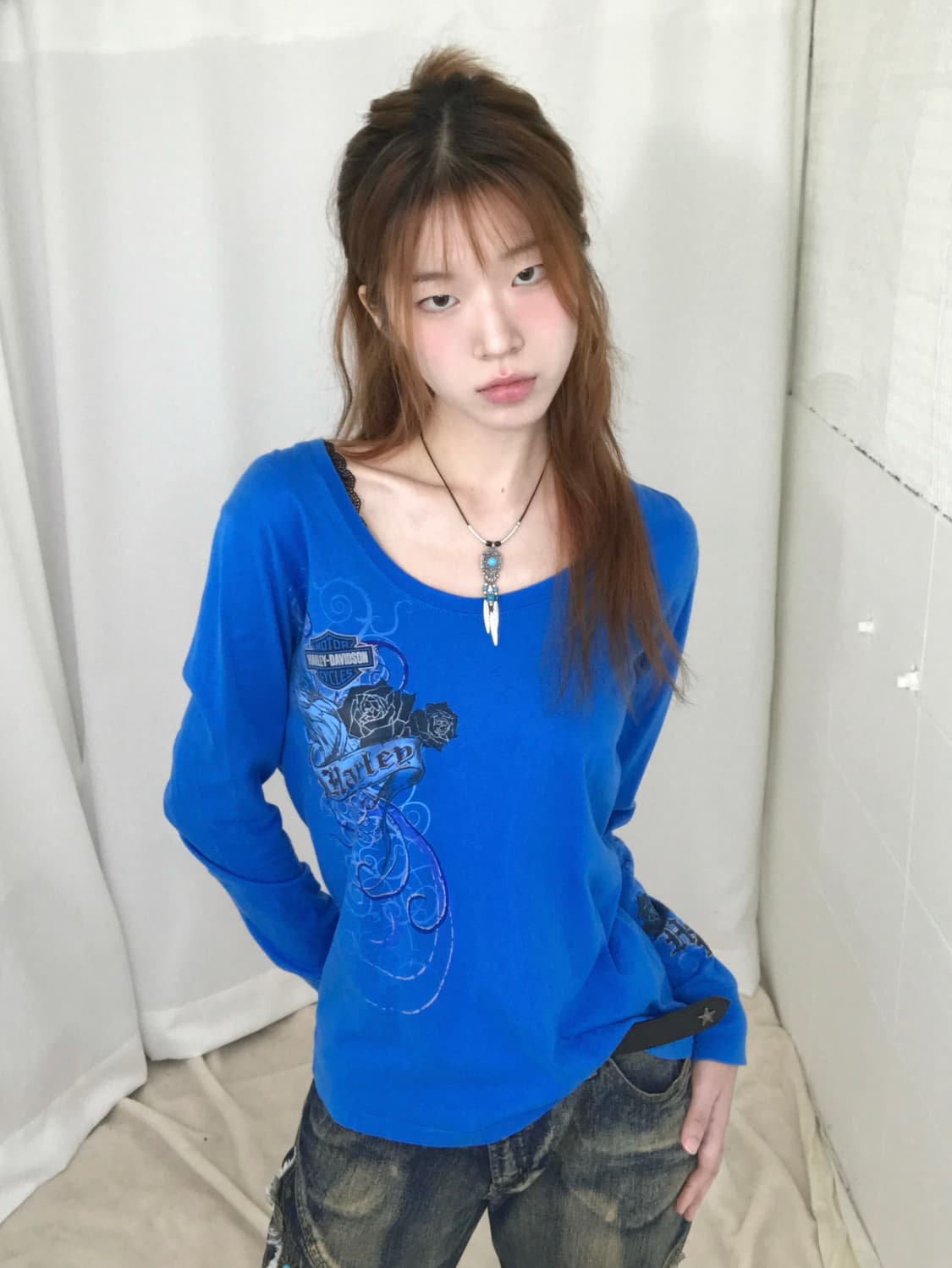 할리데이비슨 블루 페미닌 프린팅 롱슬리브 상품이미지2