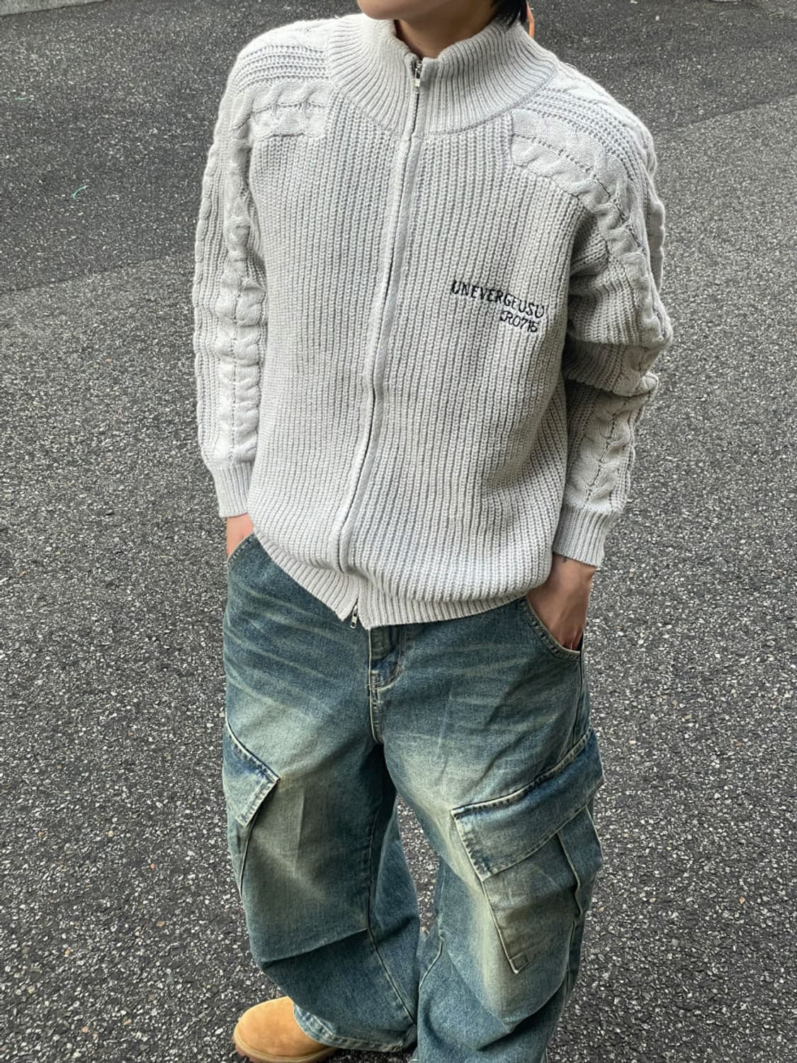 하프카라 숄더 케이블 니트집업 상품이미지2