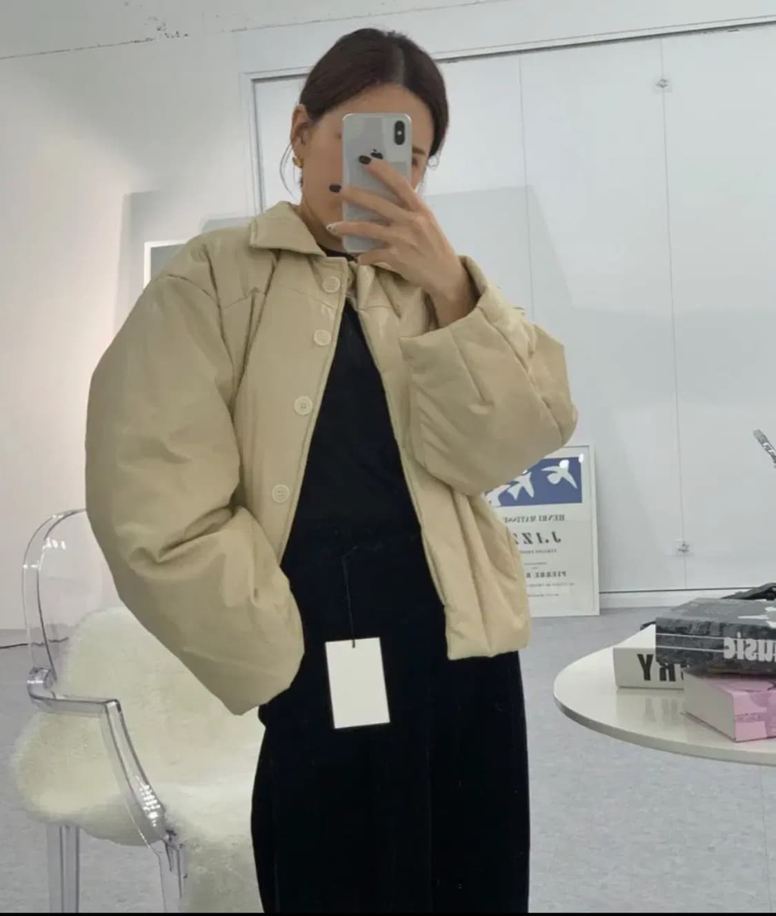 위아 레더 누빔 셔츠 패딩자켓 베이지 아이보리 상품이미지1