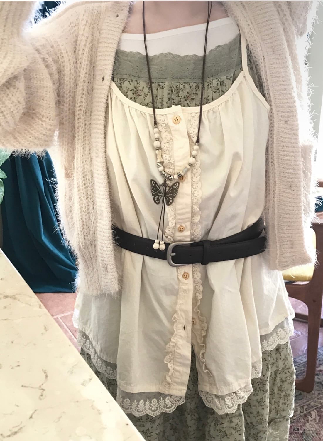 미사용)히니츠키)레이어드)허브모리걸 레이스단추 뷔스티에 나시 (베이지) 상품이미지1