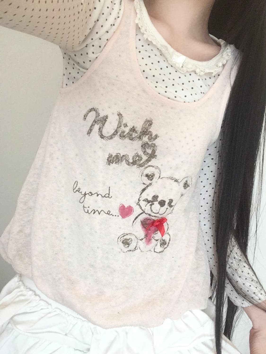 코지 베어 레터링 레이어드 도트 탑 라떼갸루 히메갸루 모리걸 로리타 상품이미지2