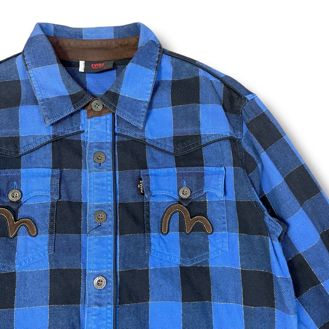 에비수 블루블랙 글리터 체크 투포켓 자수 긴팔 셔츠 M 상품이미지3