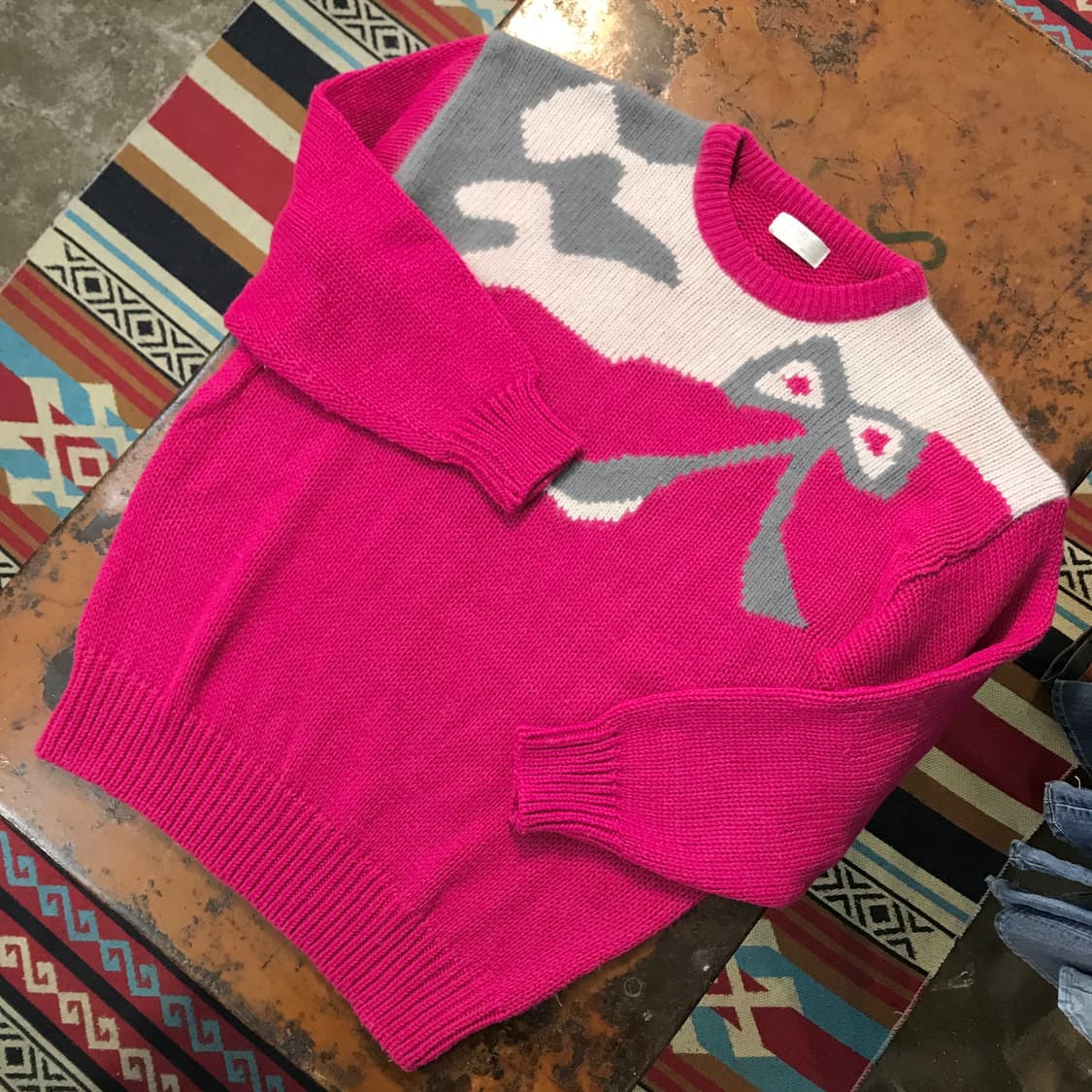 유럽 빈티지 마젠타 핑크 리본 패턴 울 스웨터 여성 오버핏 상품이미지2