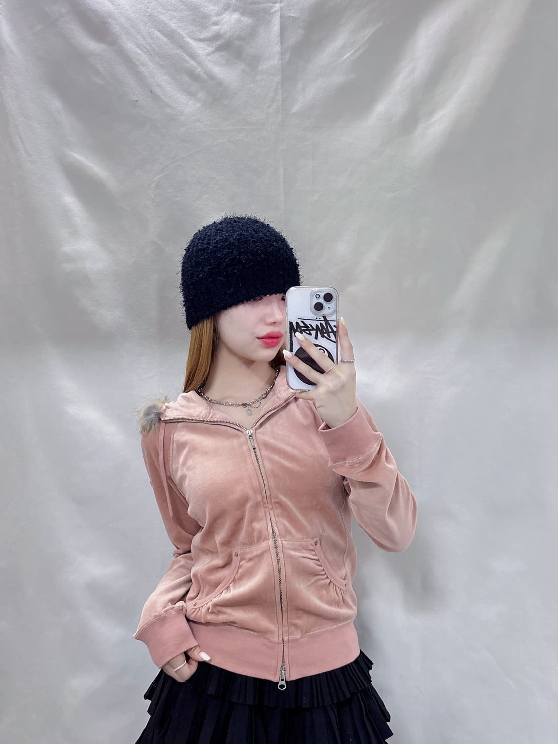 Y2K JAPAN 빈티지 뮤트핑크 벨벳 후드집업  상품이미지2