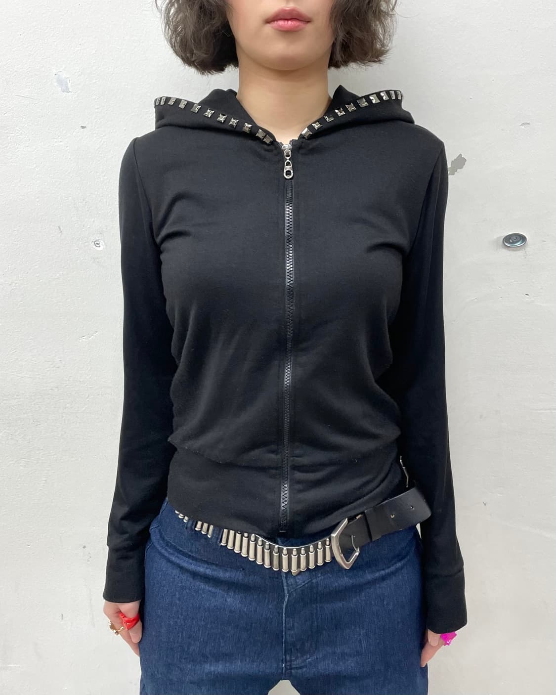 Hoodie Stud Black Sexy Hoodie Zip-Up  상품이미지2