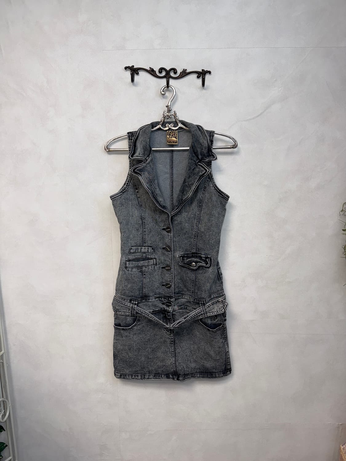Washing black denim pocket belted ops 상품이미지1