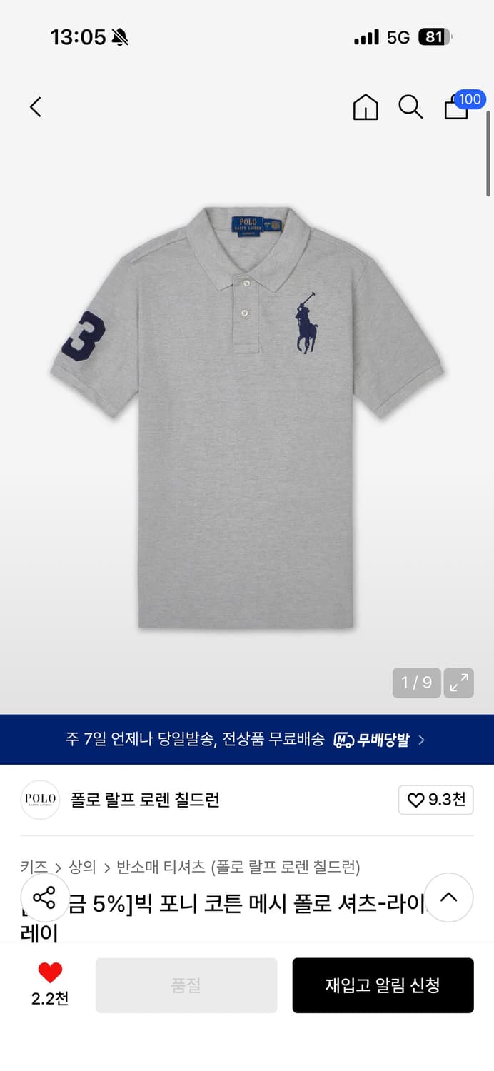폴로 빅 포니 코튼 메시 폴로 셔츠 라이트 그레이 M 상품이미지1