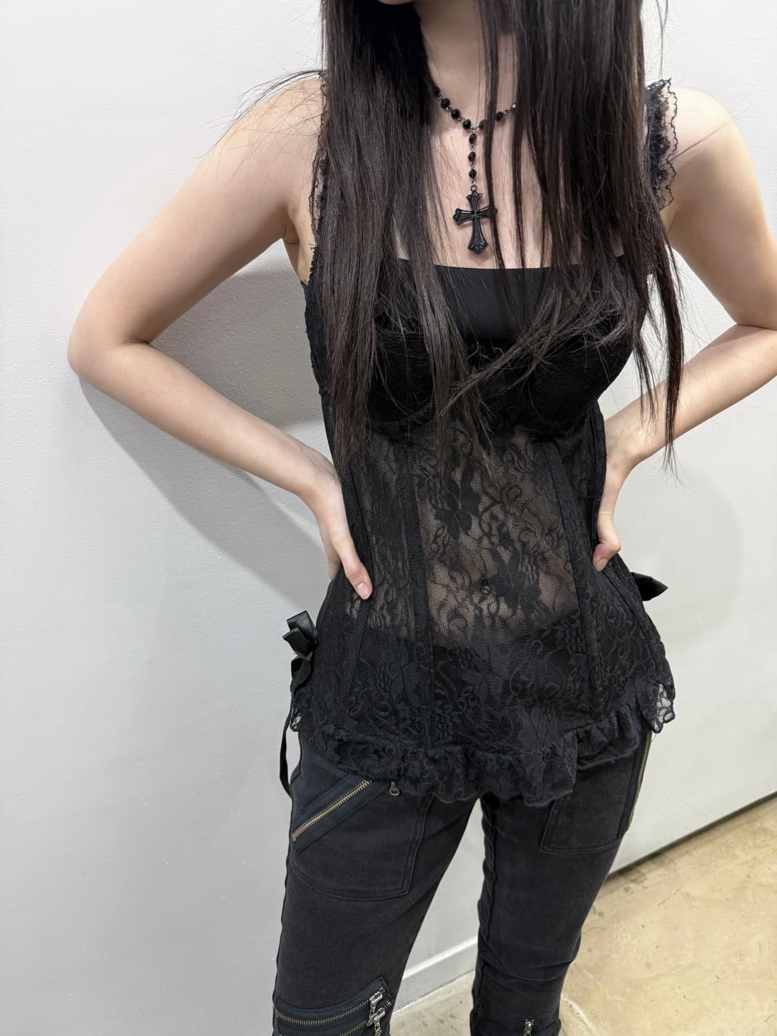 리본 레이스 디테일 시스루 코르셋 상품이미지1