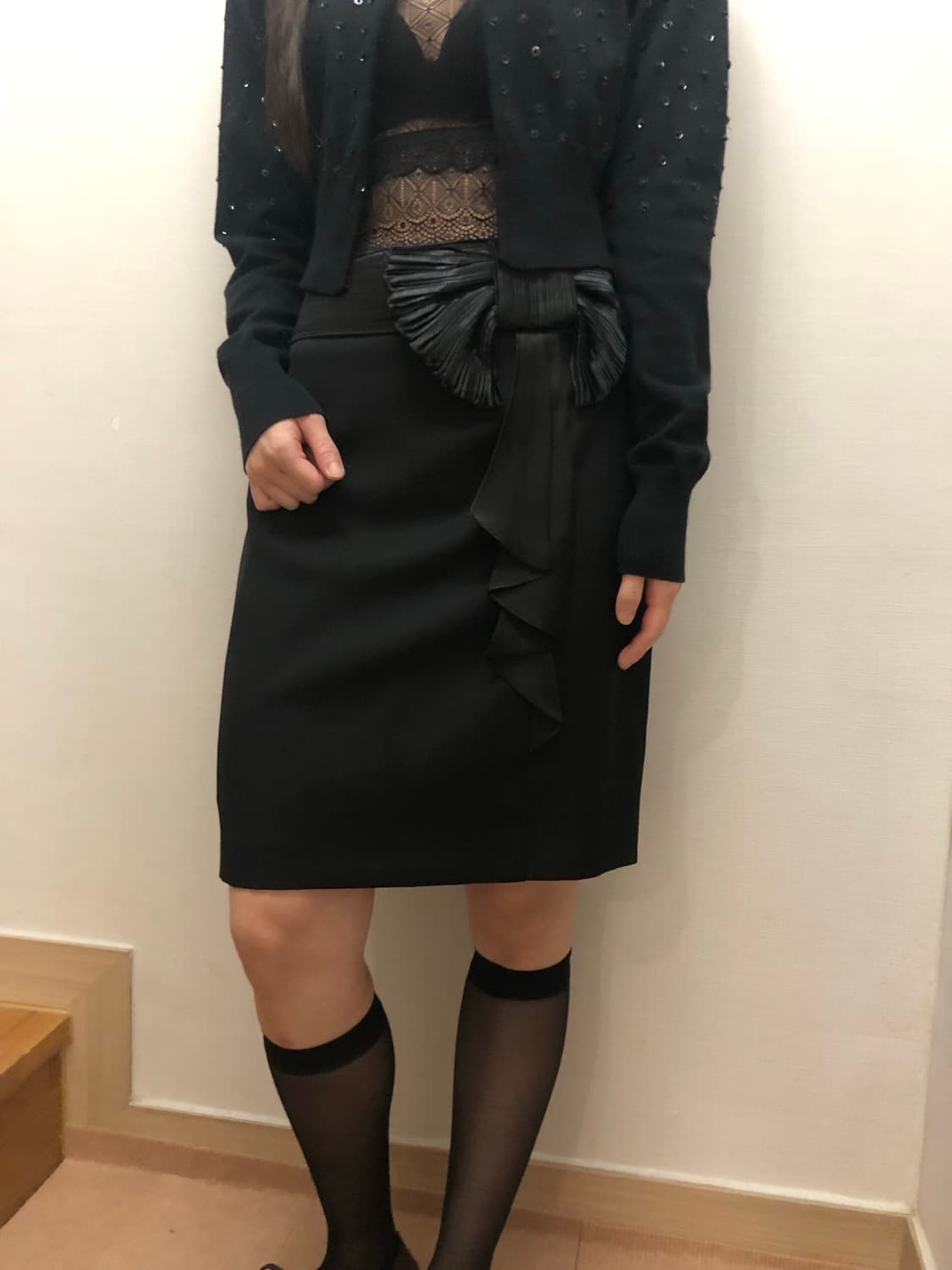 빈티지 블랙 리본 미디 스커트 상품이미지3