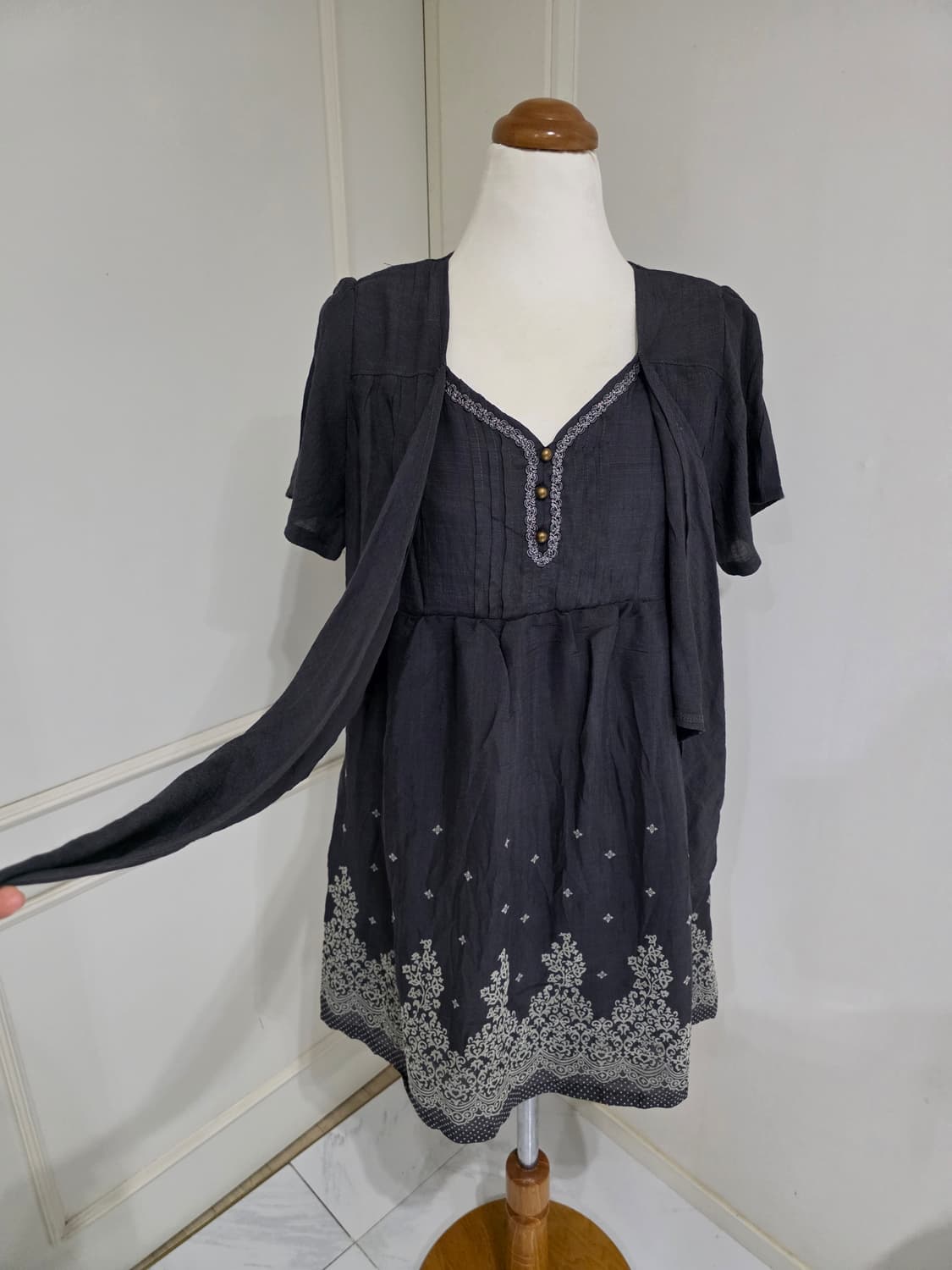 엑시즈팜)일본빈티지 그레이 오리엔탈 스즈코모리걸 가디건 레이어드반팔원피스 상품이미지3