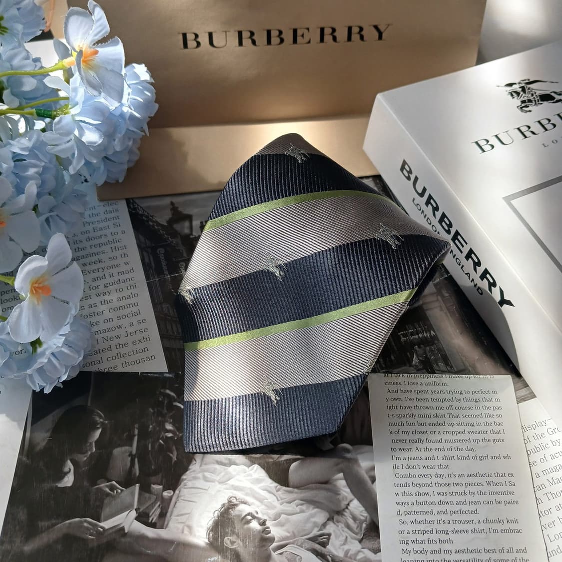 버버리 네이비 & 그레이 스트라이프 넥타이 9.5cm A+등급 E891 상품이미지4