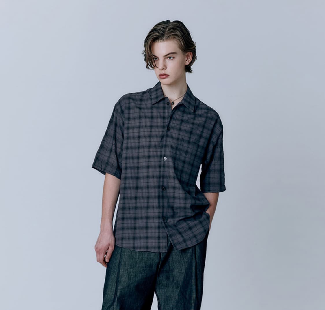 아르반 베이직 루즈드 타탄 체크 하프 셔츠 차콜 2사이즈 상품이미지1