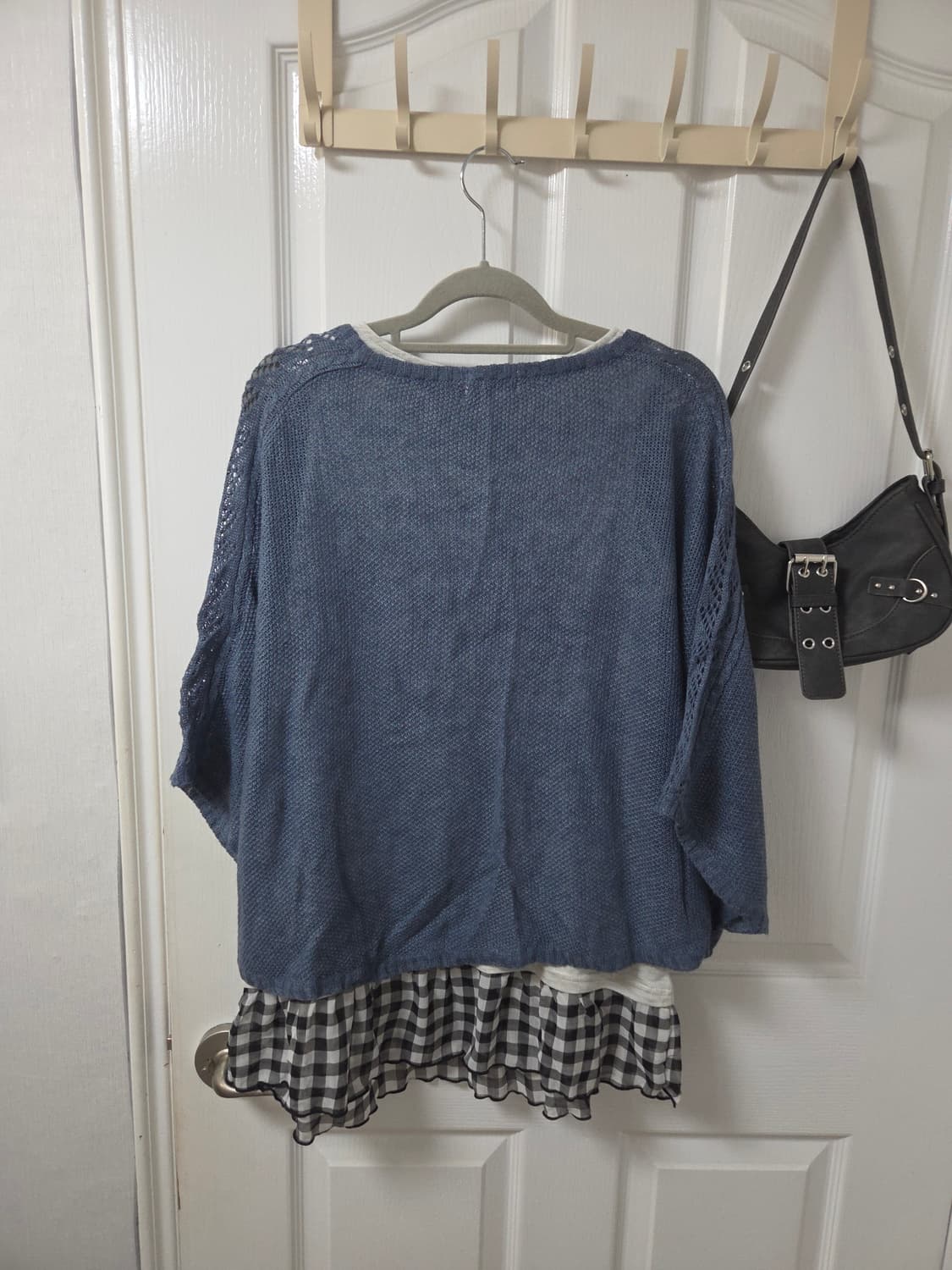 빈티지 블루 모리 상의 코디 세트 (2벌) (케이프, 체크 나시) 상품이미지2