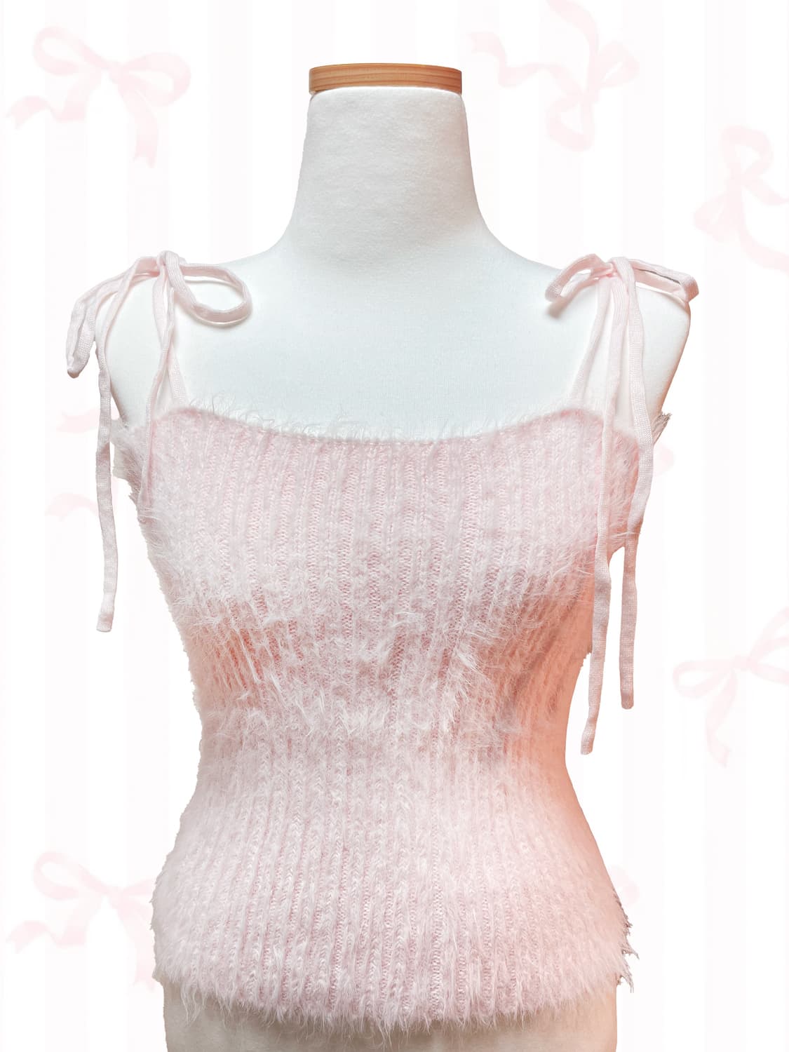 러블리 빈티지 히메갸루 딸기우유 핑크 리본 니트 슬리브리스 나시 탑 상품이미지2