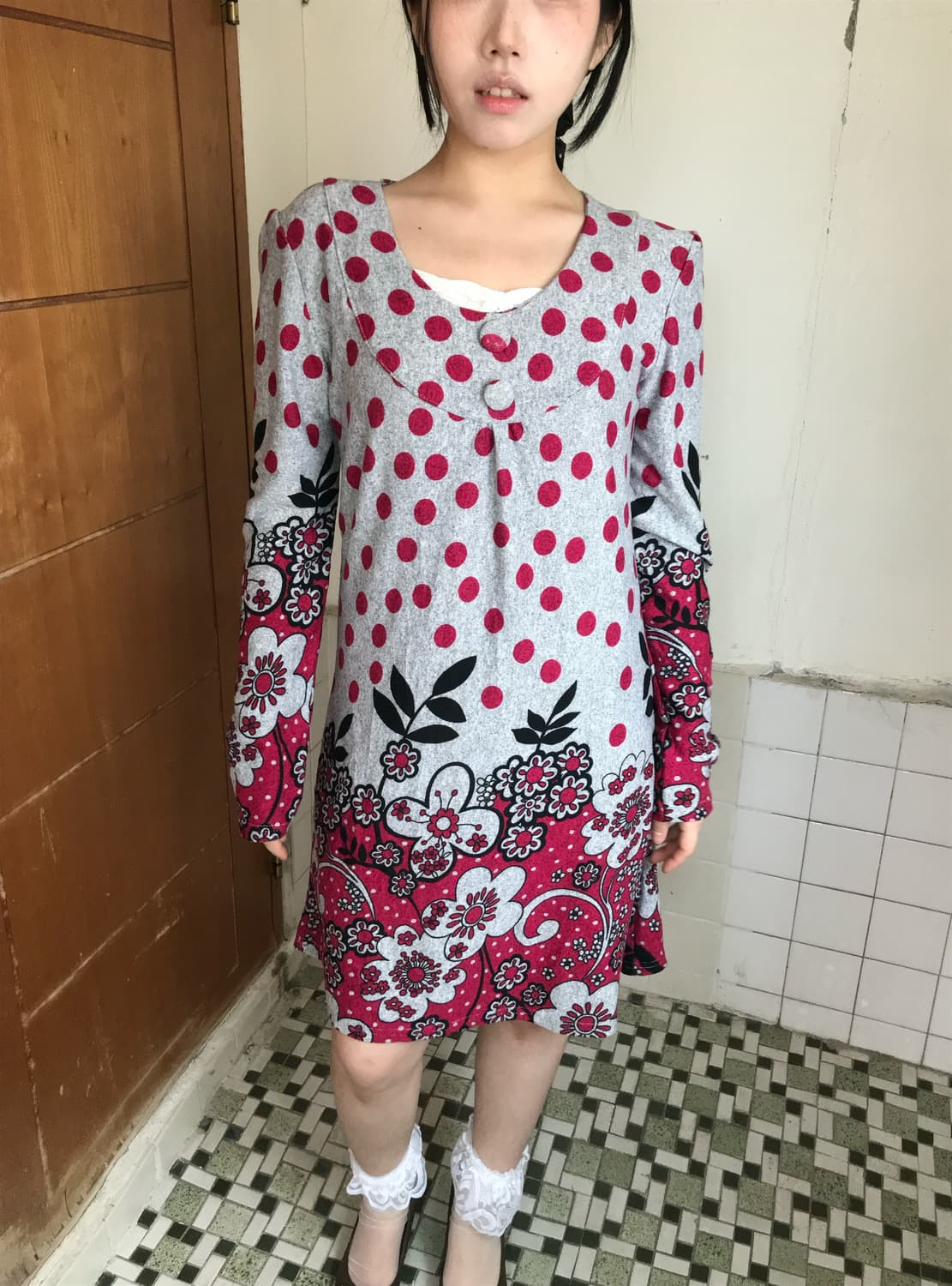 vintage dot flower button dress 상품이미지1